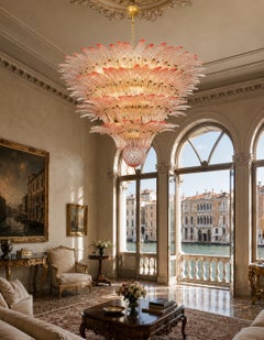 Monumental Pink Glass Leaf Chandelier, Murano