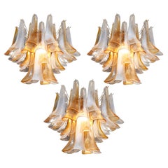 Trio of Chandeliers White and Amber Petals, Murano, 1990s