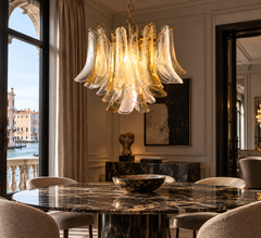 Trio of Chandeliers White and Amber Petals, Murano, 1990s
