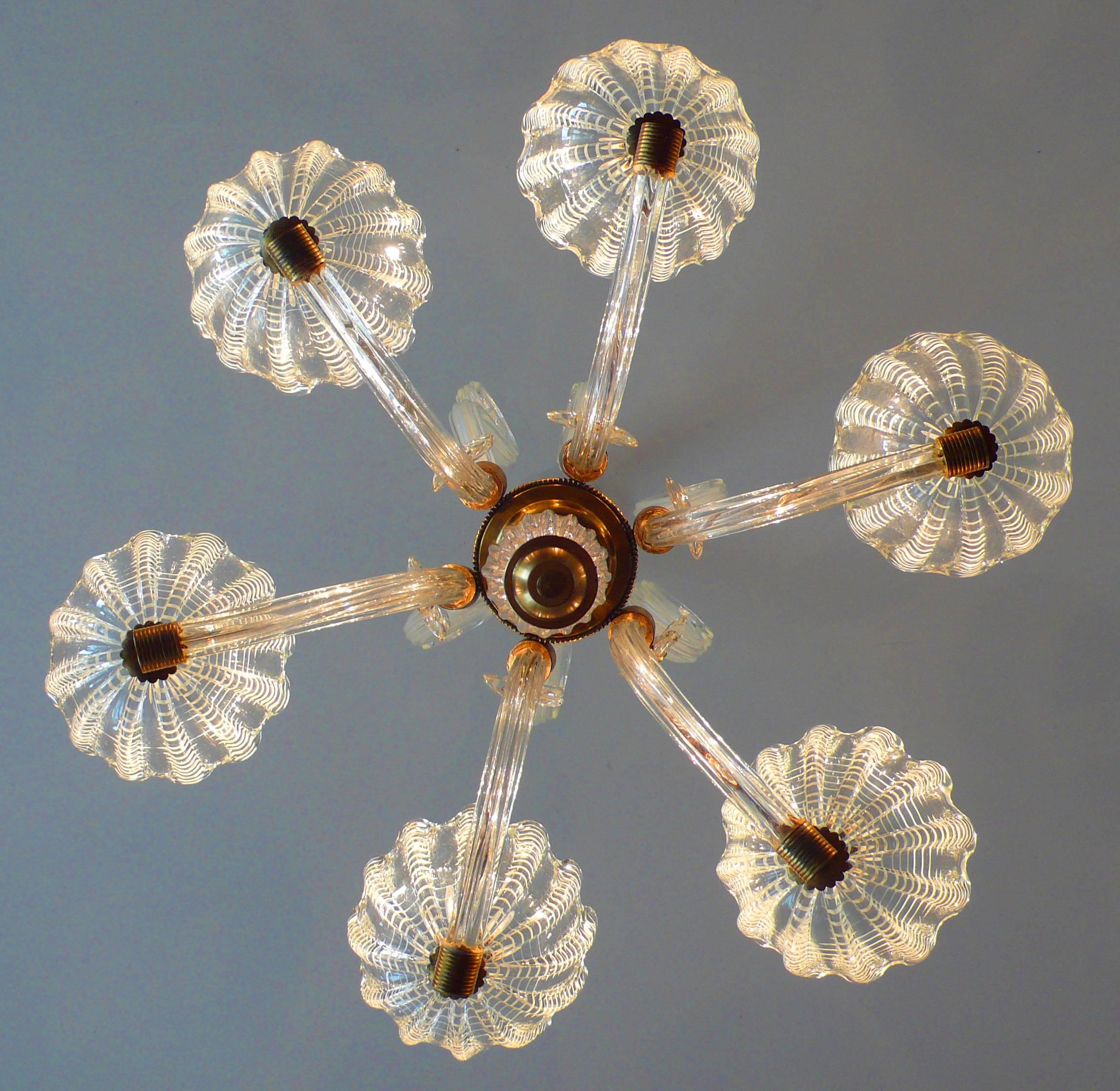 Brass Royal Chandelier by Barovier & Toso, Murano, 1940s