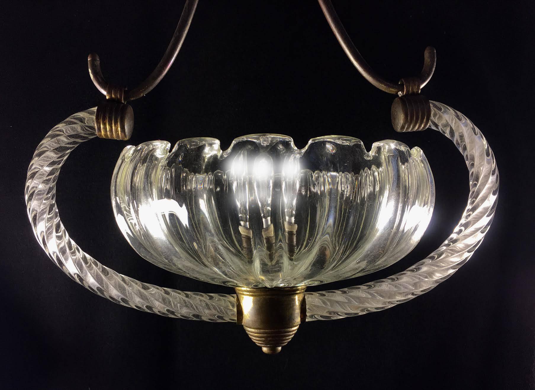 20th Century Charming Art Deco Italian Chandelier by Ercole Barovier, Murano, 1940 For Sale