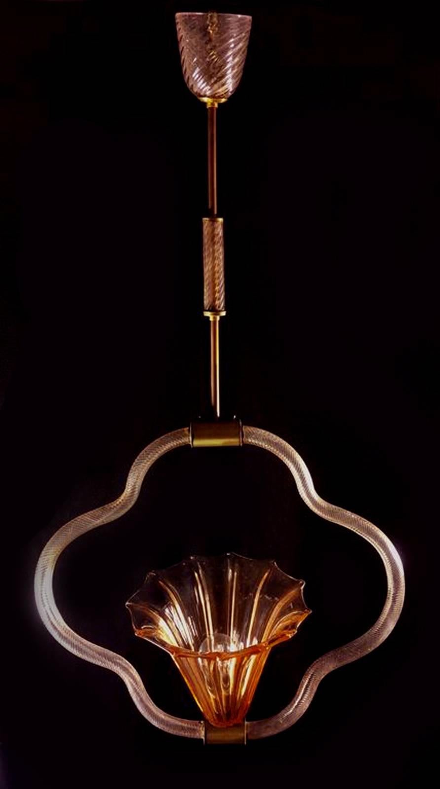 Refined Murano glass chandelier from the old rose-colored tone attributed to Napoleone Martinuzzi master. Very rare piece.