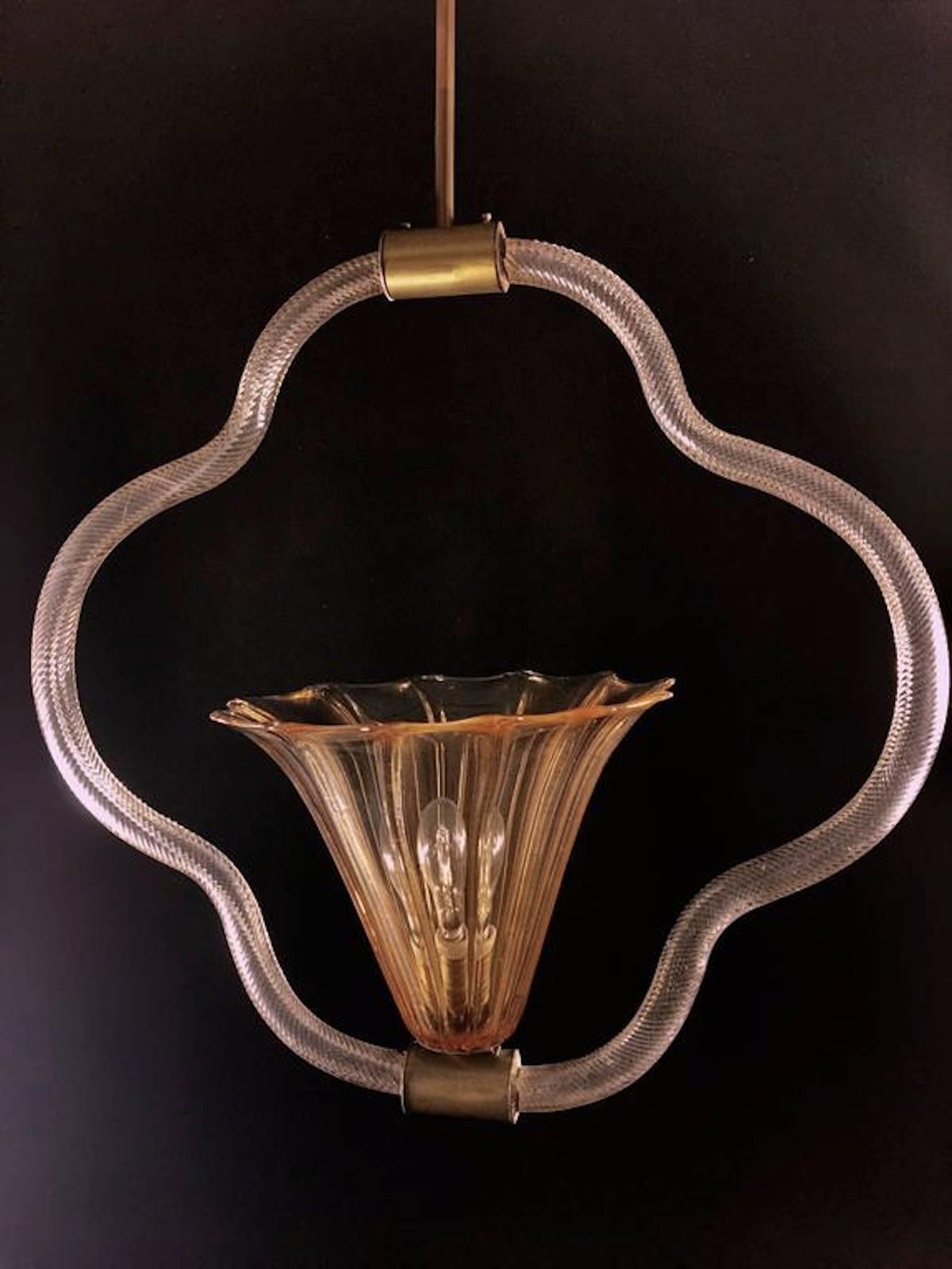 Laiton Lustre élégant Art déco attribué à Napoléon Martinuzzi pour Venini, années 1930 en vente