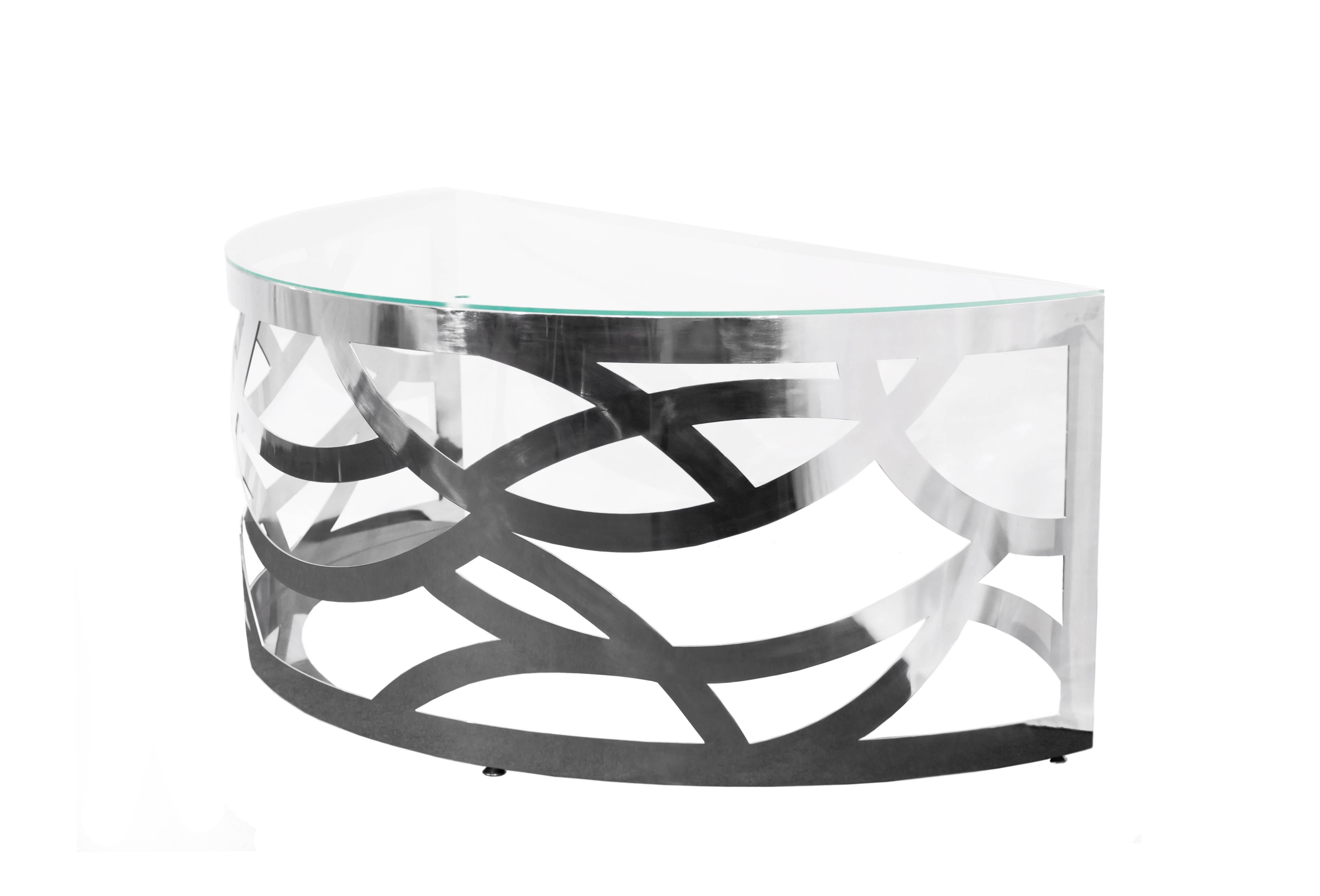 Modern Contemporary Laser Cut Stainless Steel Desk with Glass Top 