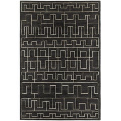 Contemporary Tibetan Rug Hand-Knotted in Nepal Dark Grey Natural Linen