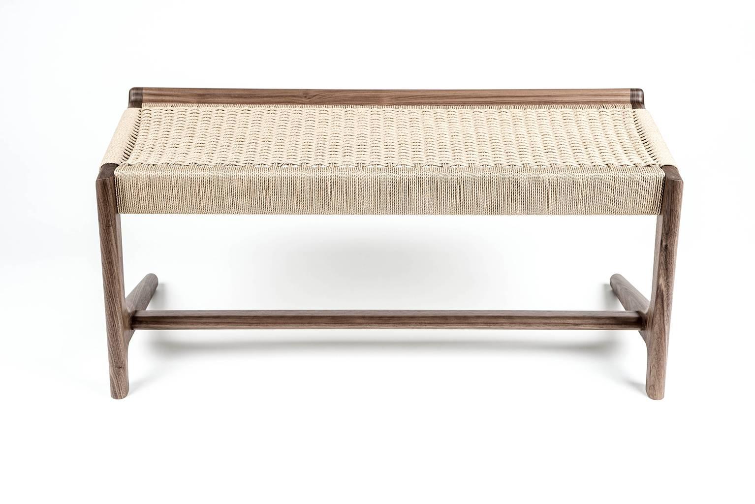 Hand-Woven Bench, Cantilever, Mid Century, Walnut, Danish Cord, Weave, Hardwood, Semigood  For Sale