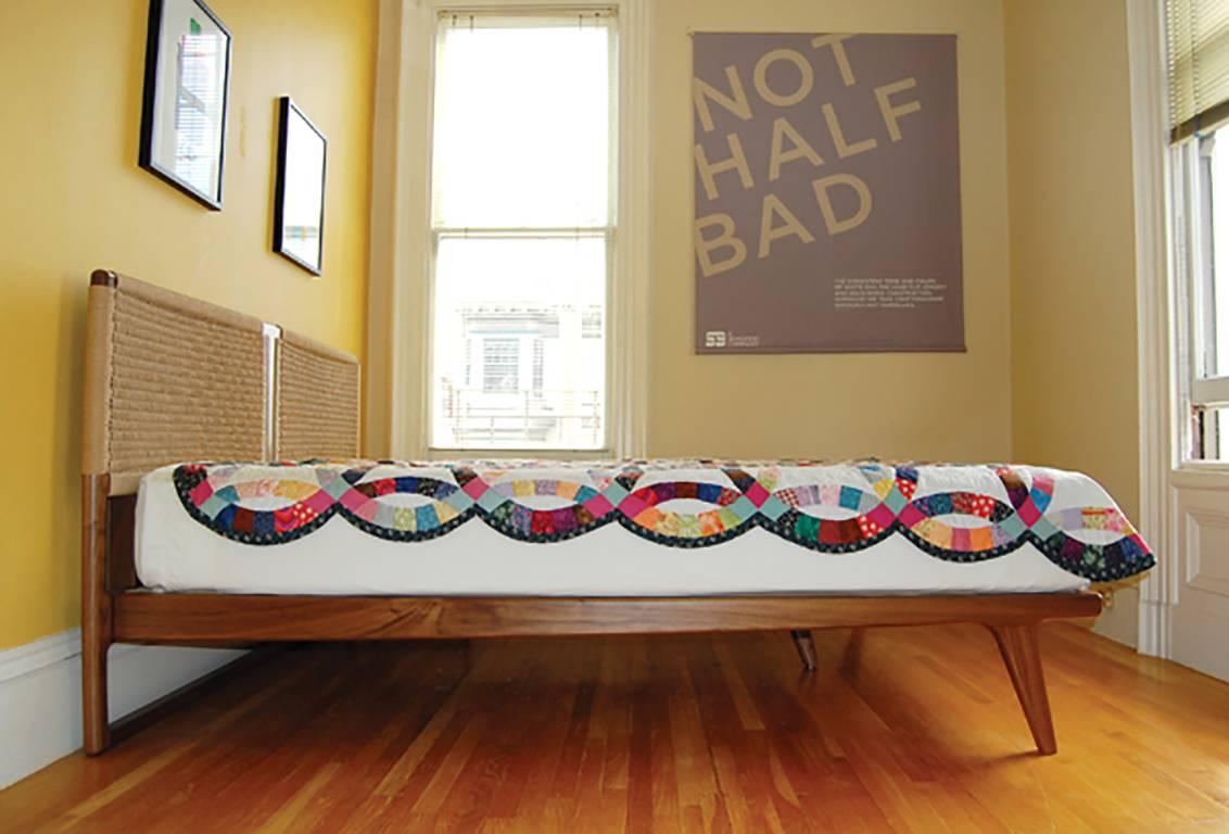 Contemporary Bed, Queen, Danish Cord, Woven Headboard, Mid-Century Modern Style, Hardwood For Sale