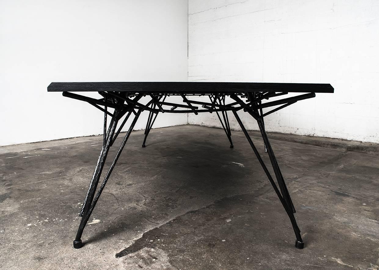 Blackened Table, Dining, Black, Ebonized Hardwood, Steel, Modern, Custom, Birdsnest Table For Sale