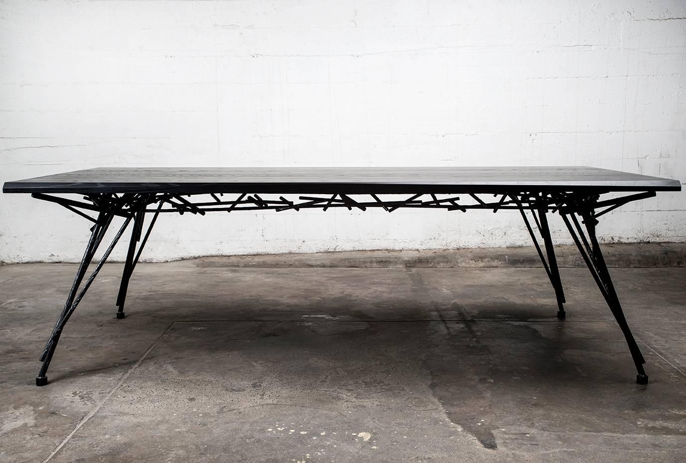American Table, Dining, Black, Ebonized Hardwood, Steel, Modern, Custom, Birdsnest Table For Sale