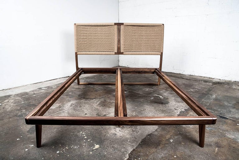 MidCentury Modern Hardwood Rian Bed, Woven Danish Cord Headboard, King