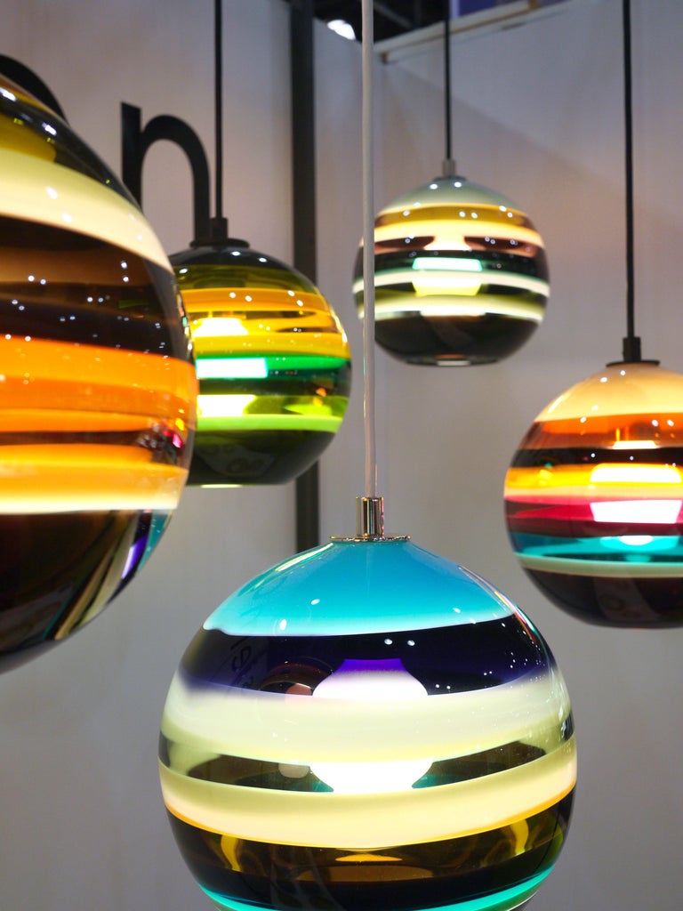 Modern Colorful Lighting, Amber Banded Orb, Hand Blown Glass For Sale