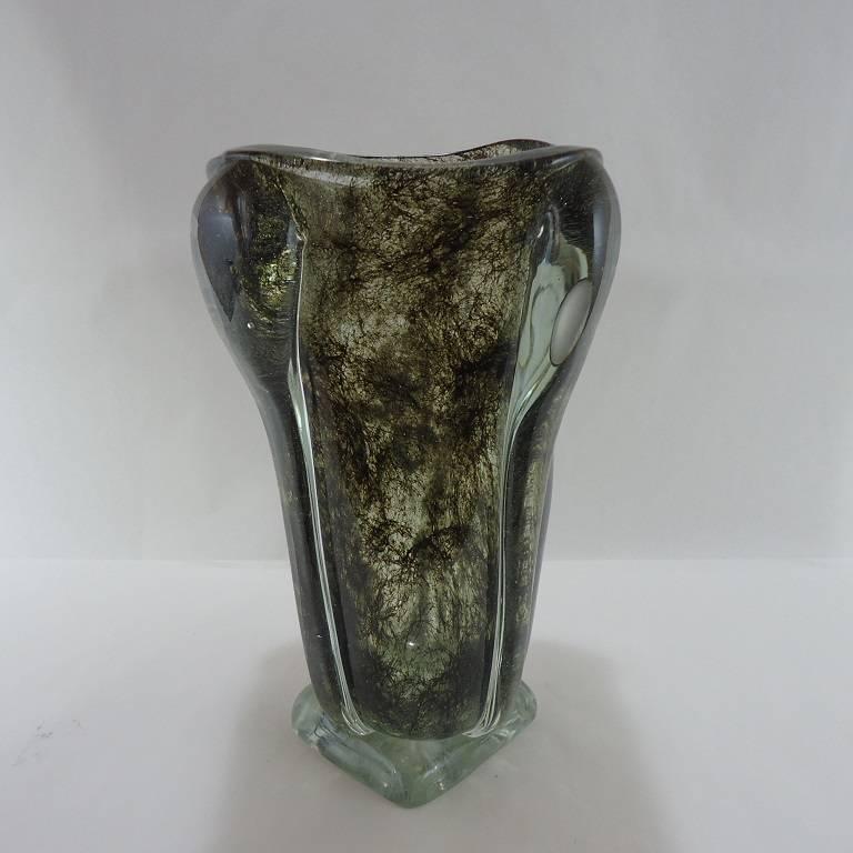 Vase from the Crepuscolo series by Ercole Barovier for F.T.B. (Ferro,Toso,Barovier) Murano , The vase in Cristallo with non-homogeneous broun coloring abtained while hot without fusion. The vase, which is rectangular in section, is decorated with