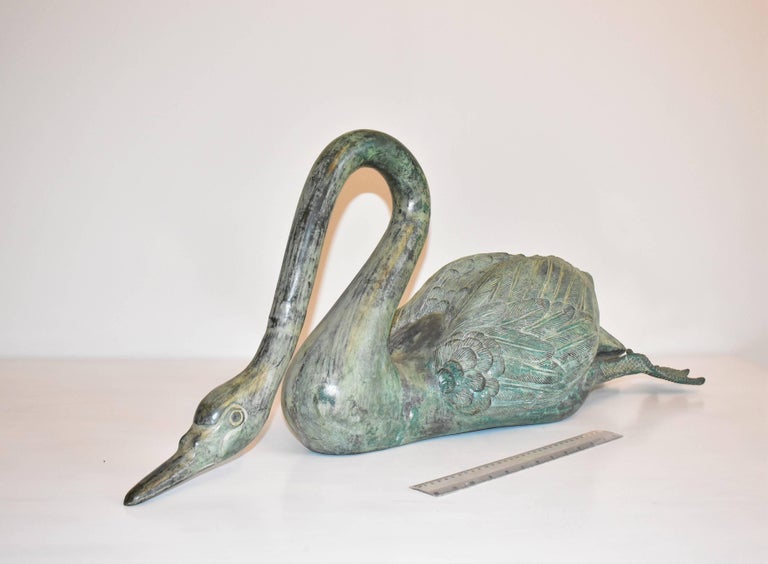 Cast Modern Bronze Lifesize Pair of Swan Sculptures for Indoor or Outdoor/Garden Use For Sale