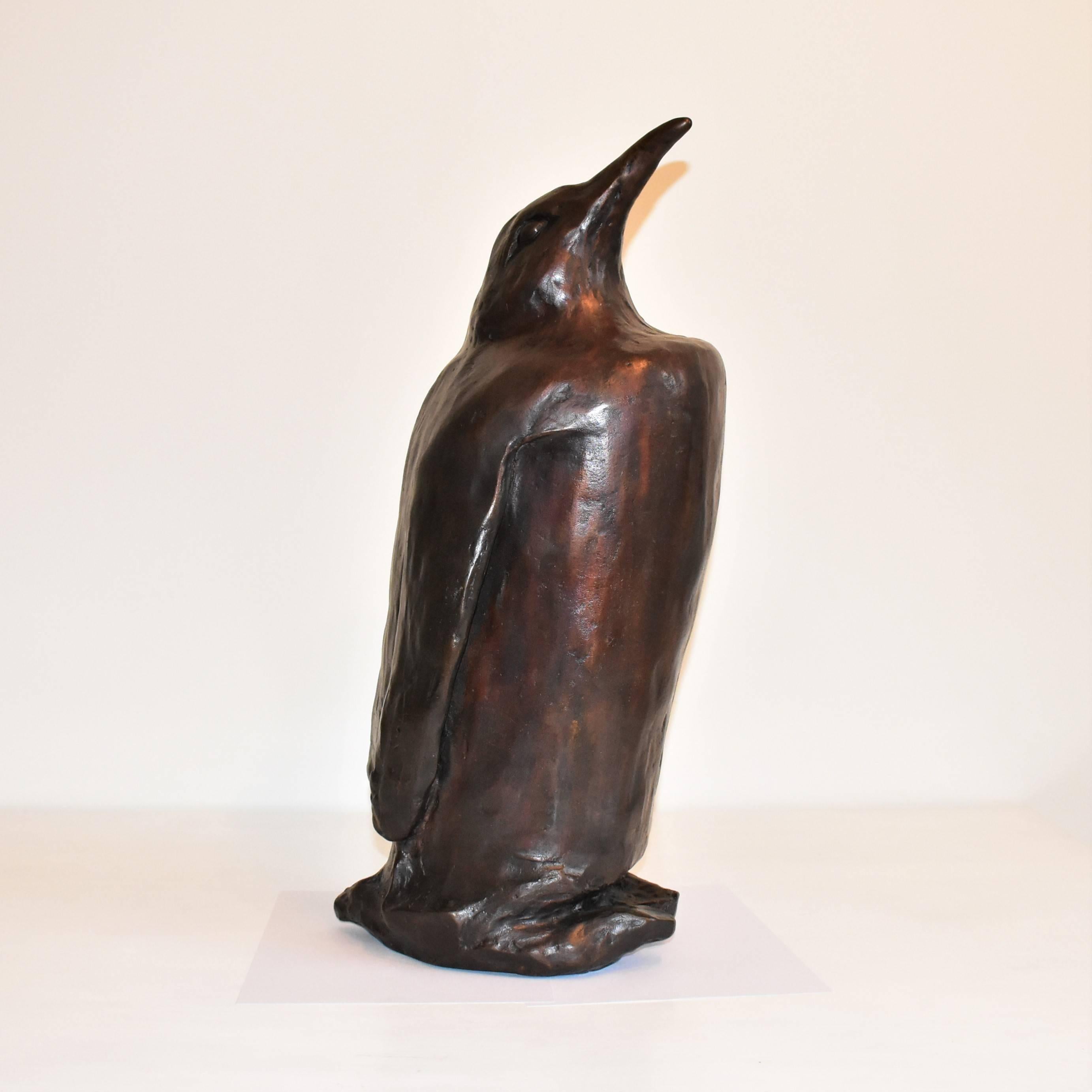 A modern artist created hand cast bronze sculpture of a large Penguin with a brownish black patina finish. Modernistic and artistic design capturing the essence of pride and strength and resilience with a broad chest and upturned beak. The artist of