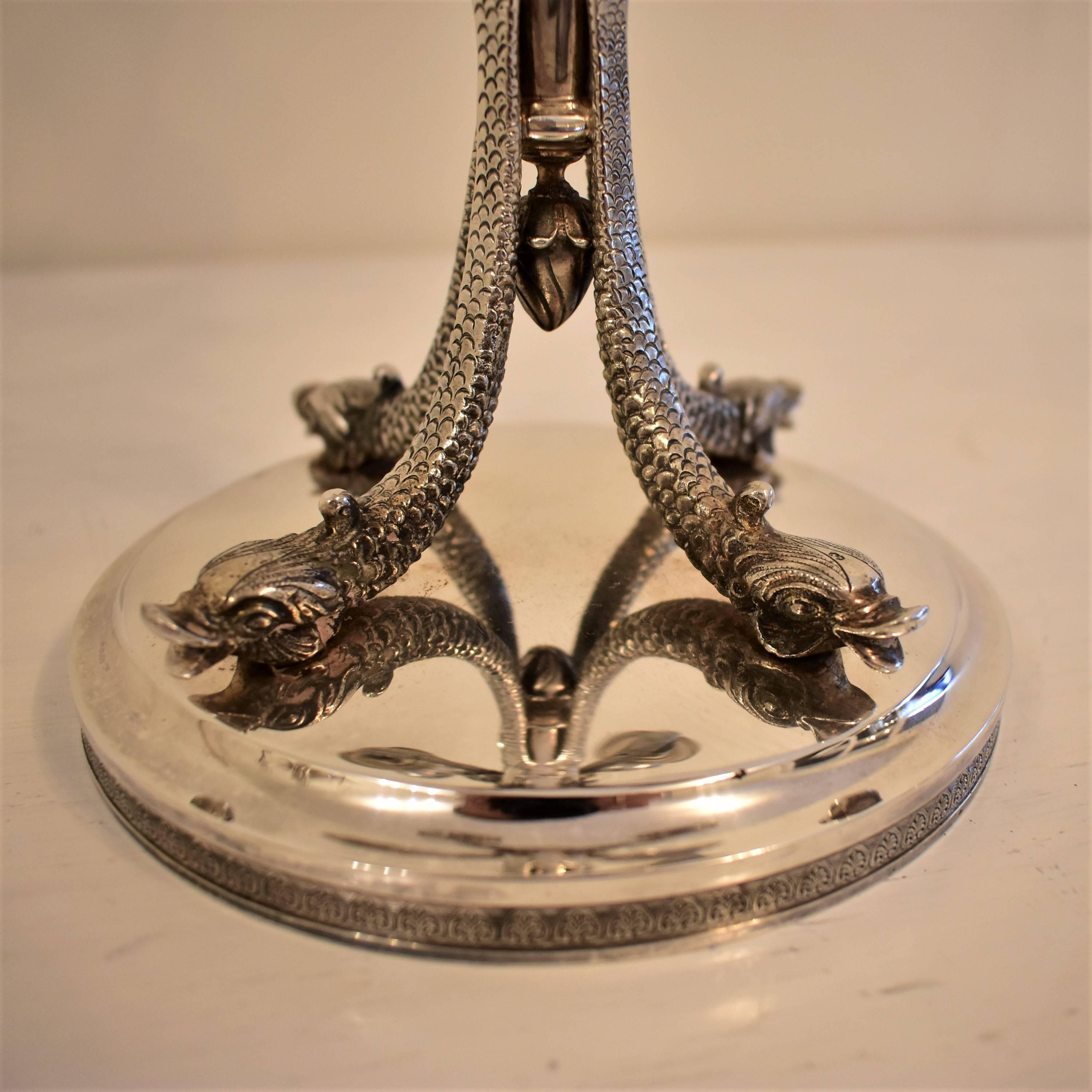 Hungarian 20th Century Silver Five Branch Candlesticks Engraved with Fish Details For Sale