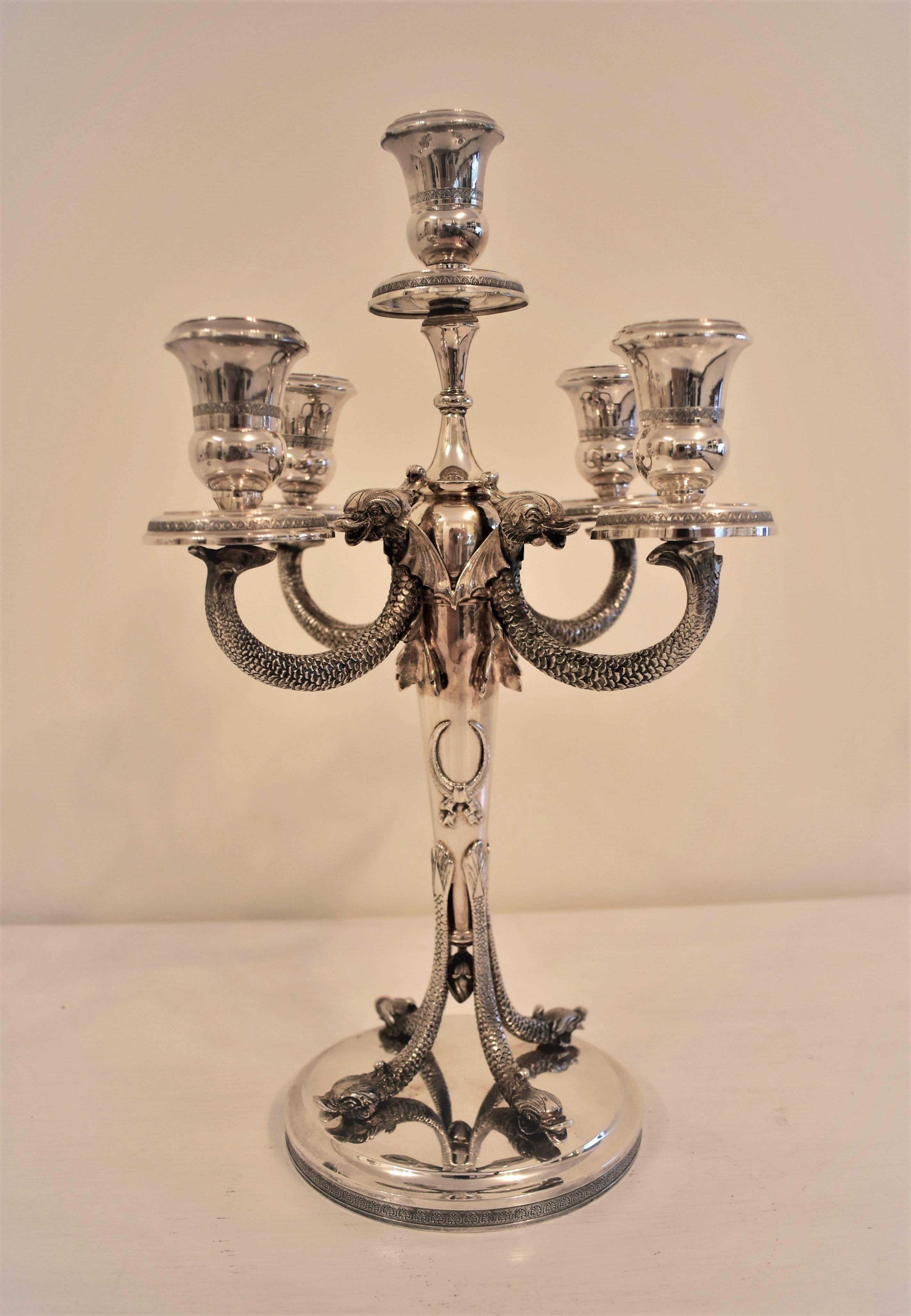 20th Century Silver Five Branch Candlesticks Engraved with Fish Details In Good Condition For Sale In London, GB