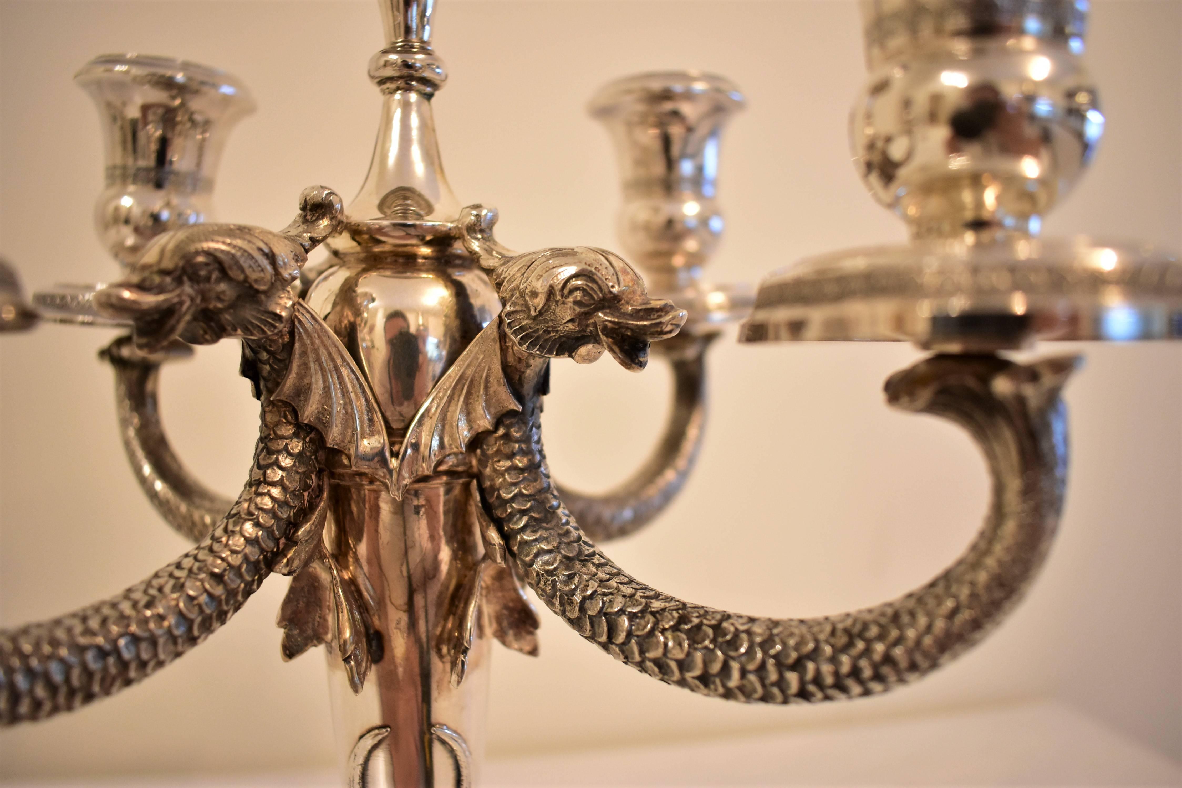Louis XIV 20th Century Silver Five Branch Candlesticks Engraved with Fish Details For Sale
