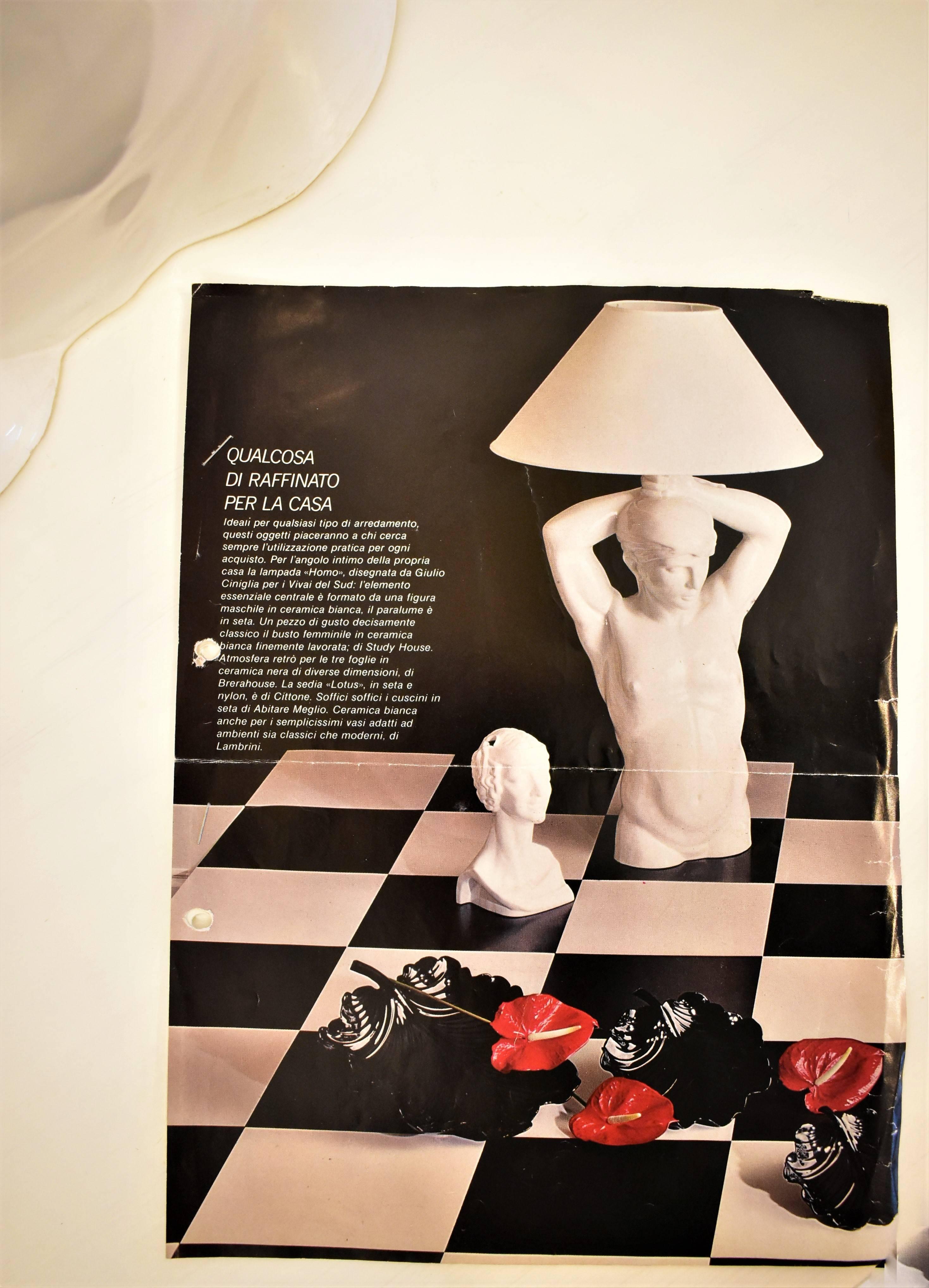 Glazed Giulio Ciniglia Sculpture, a Large Torso of a Nude Man in White Ceramic, Lamp For Sale