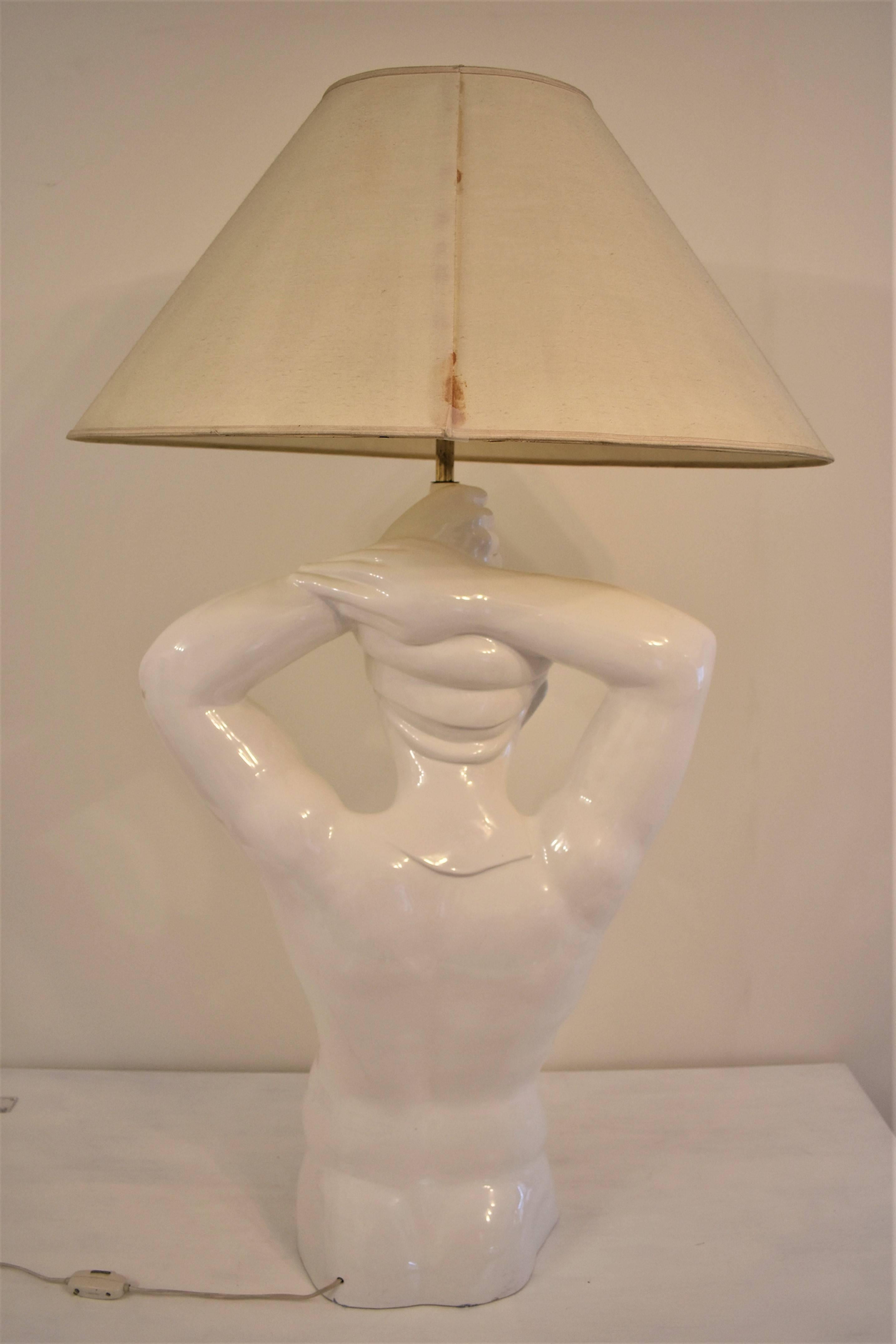Art Deco Giulio Ciniglia Sculpture, a Large Torso of a Nude Man in White Ceramic, Lamp For Sale