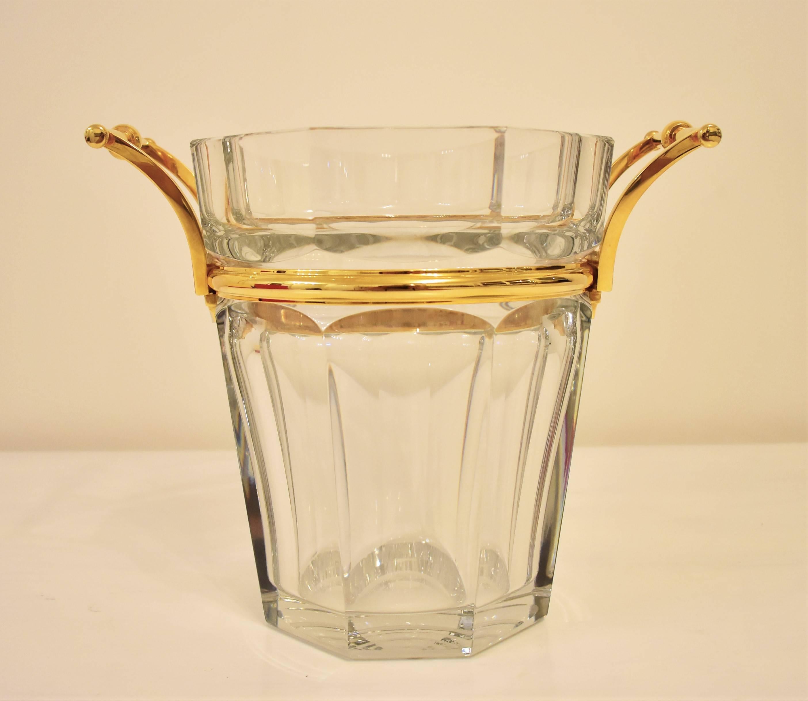 Baccarat lead crystal Harcourt / Moulin Rouge model champagne bucket wine cooler with a gilded metal band with two gilded handles in its original box. Art Deco style sweeping shape to the handles. Never used, no scratches, one side of the gilded