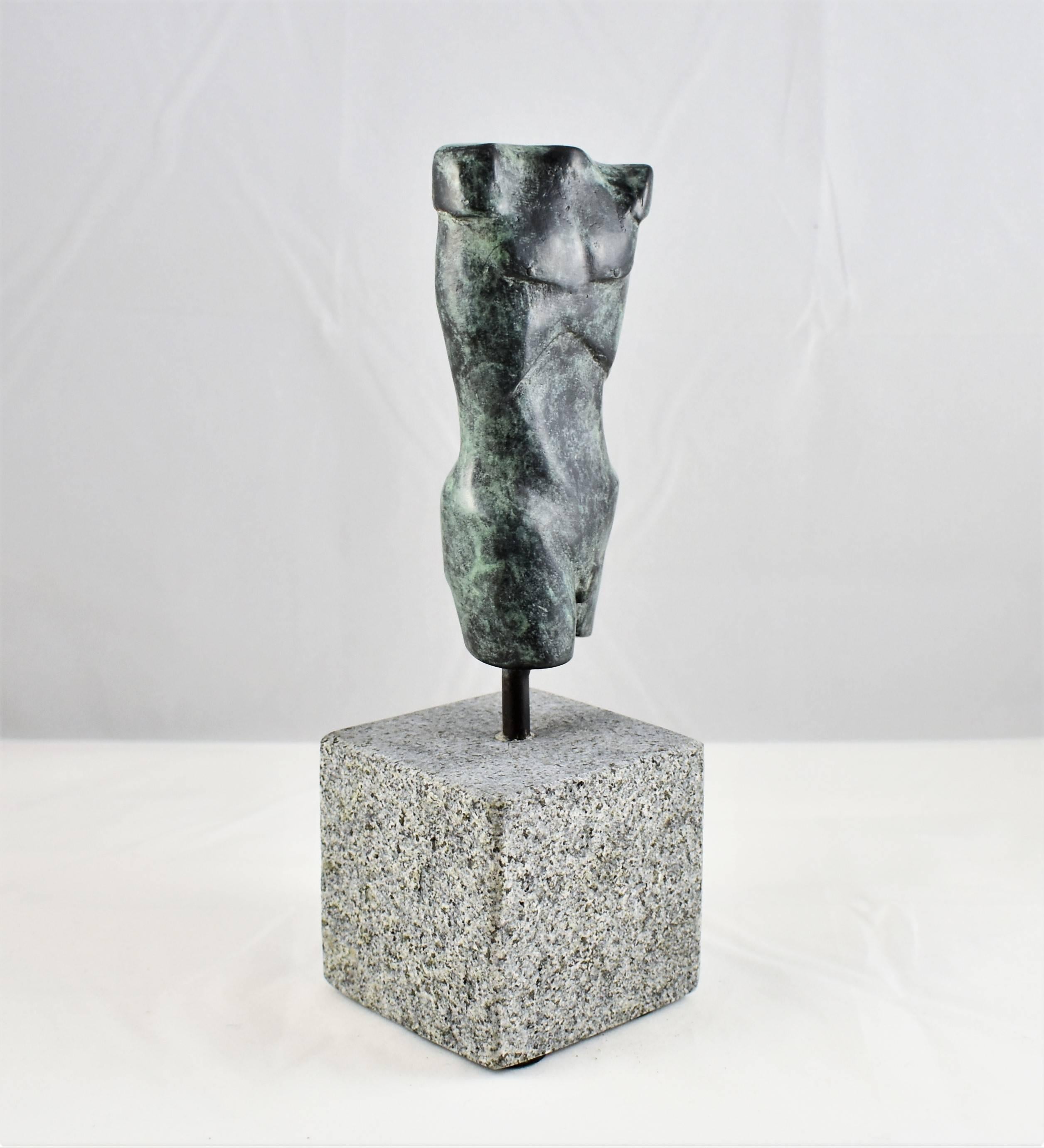 A modern bronze sculpture of a male form/torso with a Blue Green/Turquoise Patina finish. Hand made by the artist then hand cast. Modernistic and artistic design capturing the essence of the male form with masculine lines, beautiful from every