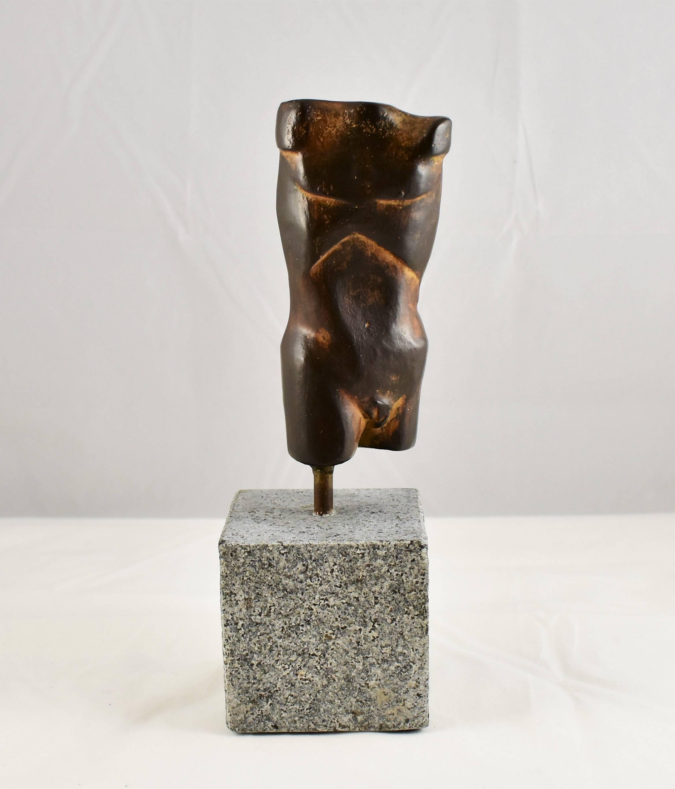 A modern bronze sculpture of a male form/torso with a Rust and Ochre Patina finish. Hand made by the artist then hand cast. Modernistic and artistic design capturing the essence of the male form with masculine lines, beautiful from every angle.