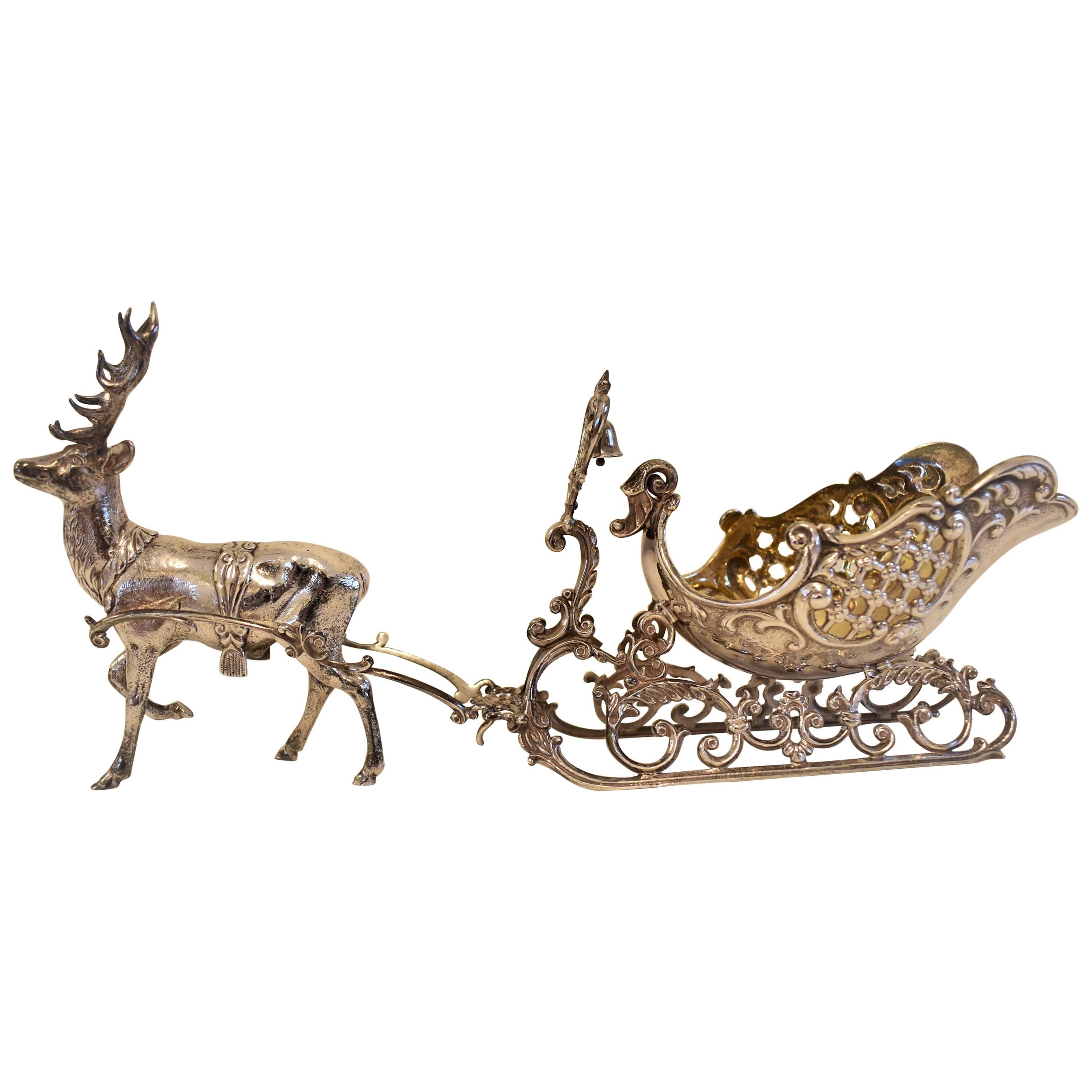 20th Century Silver Sleigh and Reindeer with Gilt Detail, Objet D'art, Sculpture For Sale