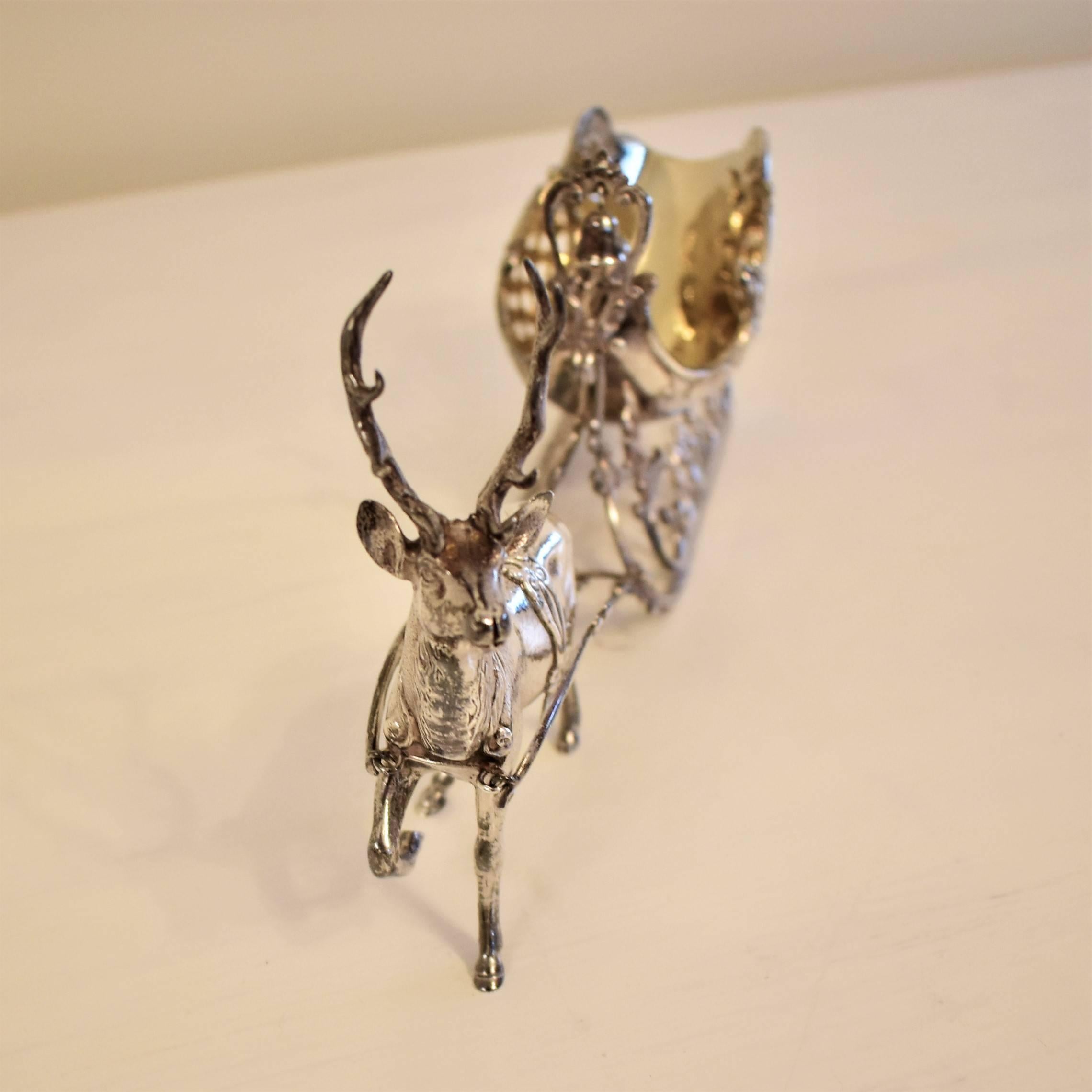 Hungarian 20th Century Silver Sleigh and Reindeer with Gilt Detail, Objet D'art, Sculpture For Sale