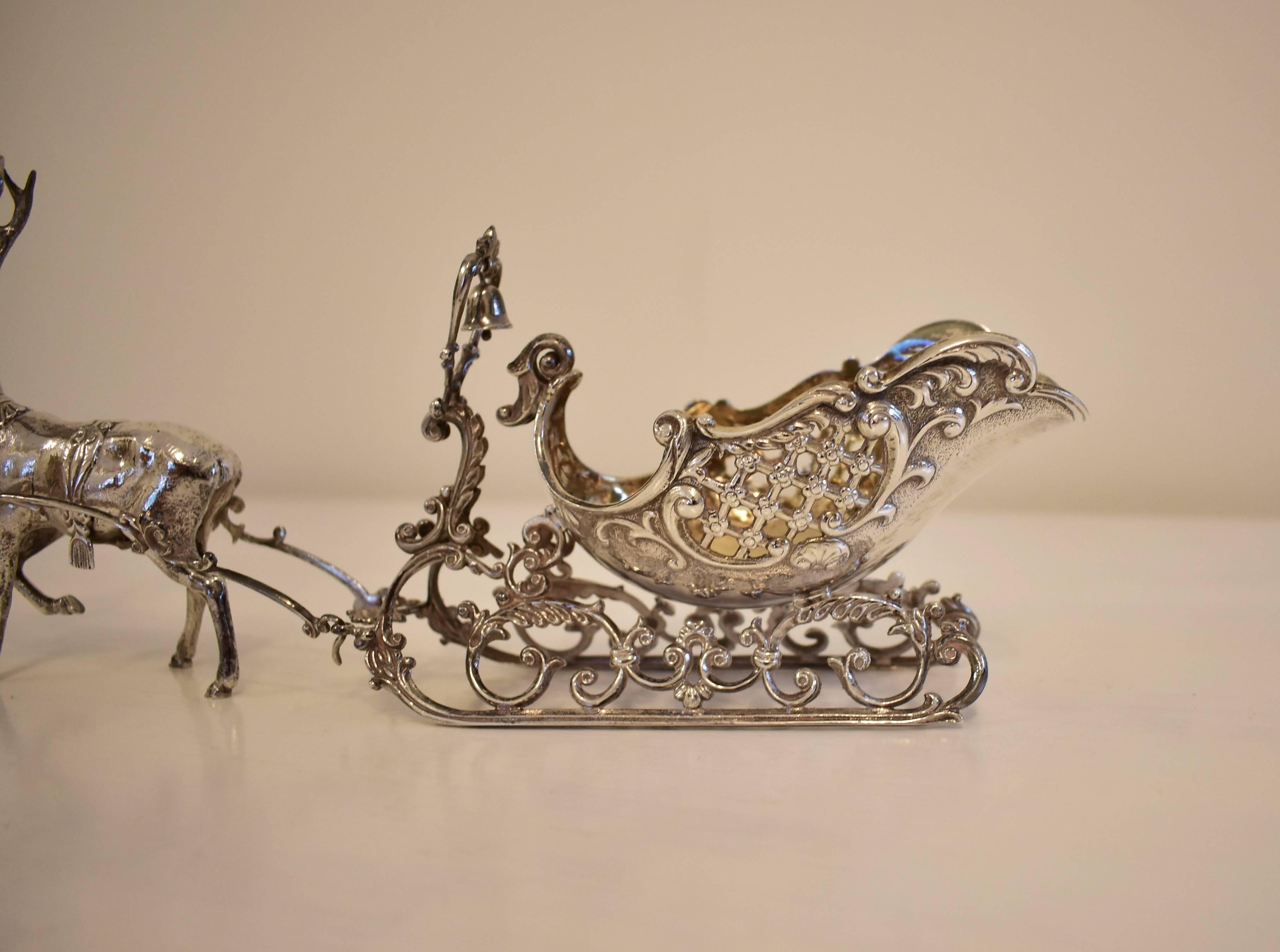 Cast 20th Century Silver Sleigh and Reindeer with Gilt Detail, Objet D'art, Sculpture For Sale