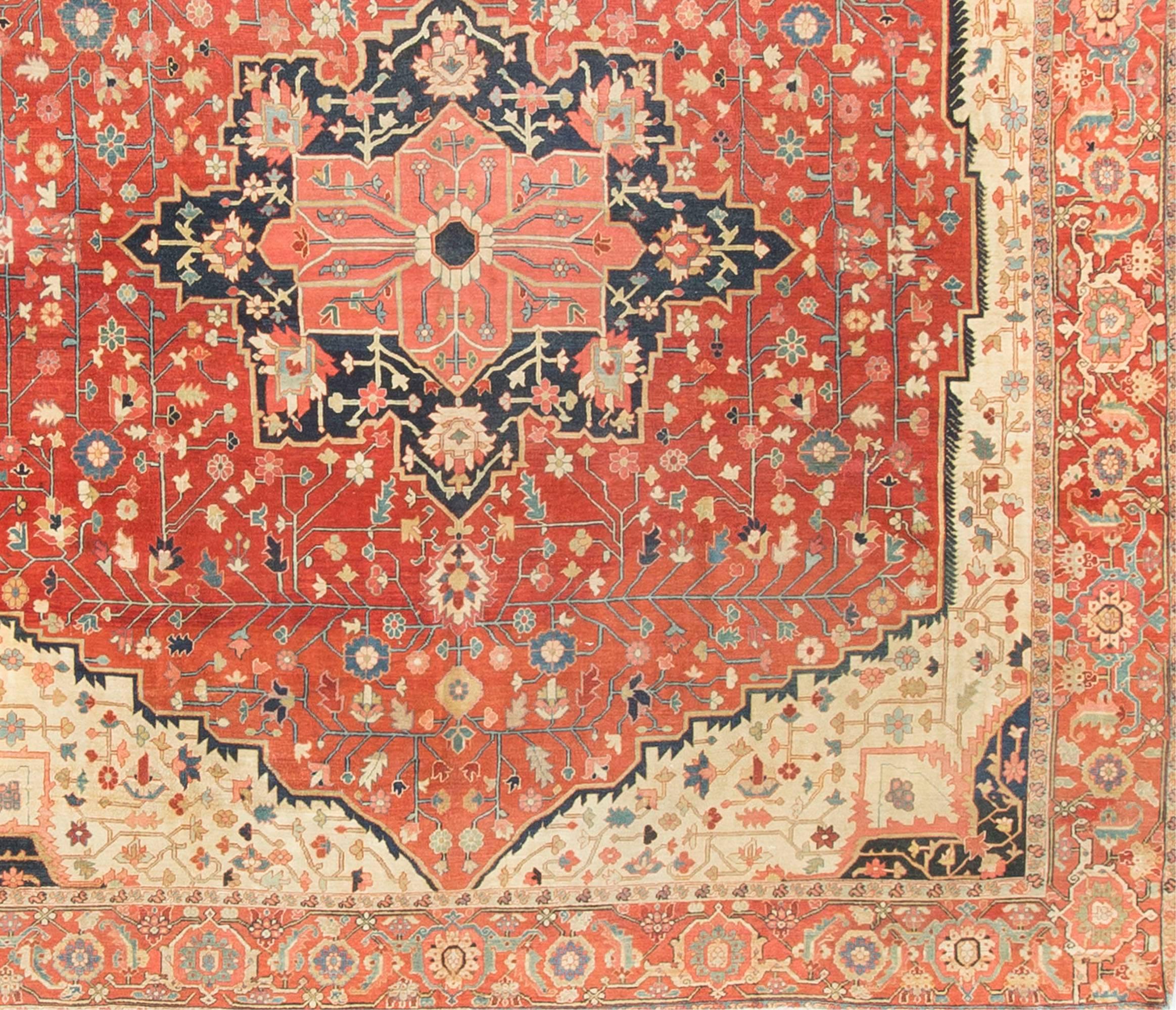 Hand-Knotted Square Antique Persian Heriz Serapi, circa 1890 10'2 x 11' For Sale