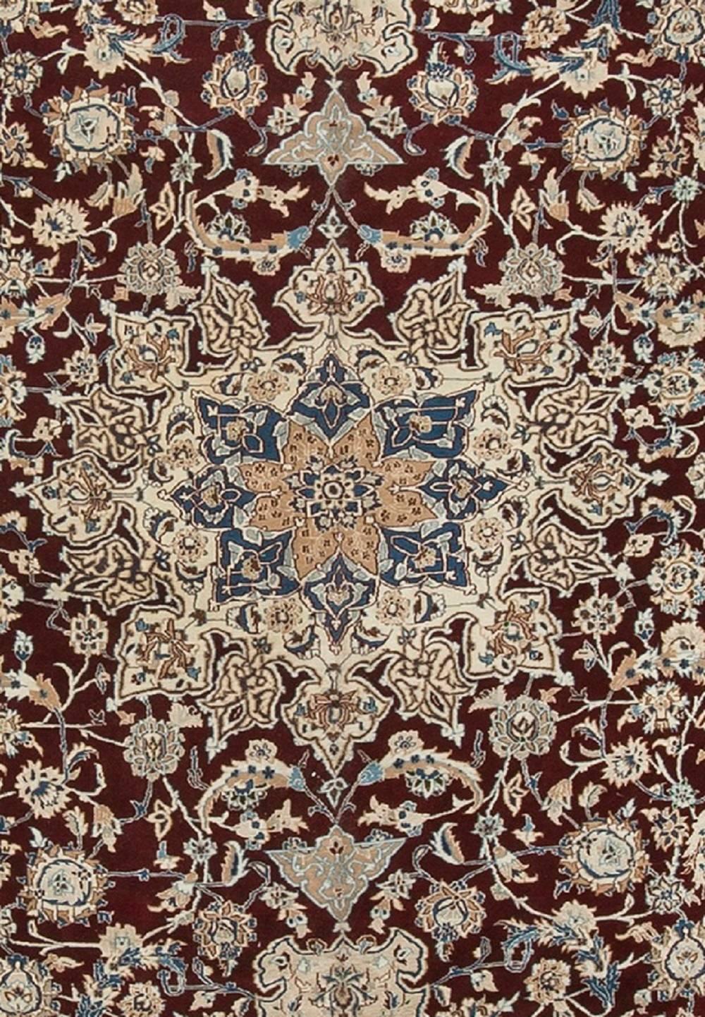 Finely woven in a combination of wool and silk to create a classically beautiful rug. Nain’s are the ne plus ultra of vintage Persian rugs. Ultra-fine. Ultra-velvety (from Kurk wool). Ultra-expensive. Ultra-Persian in style. Nain is in central