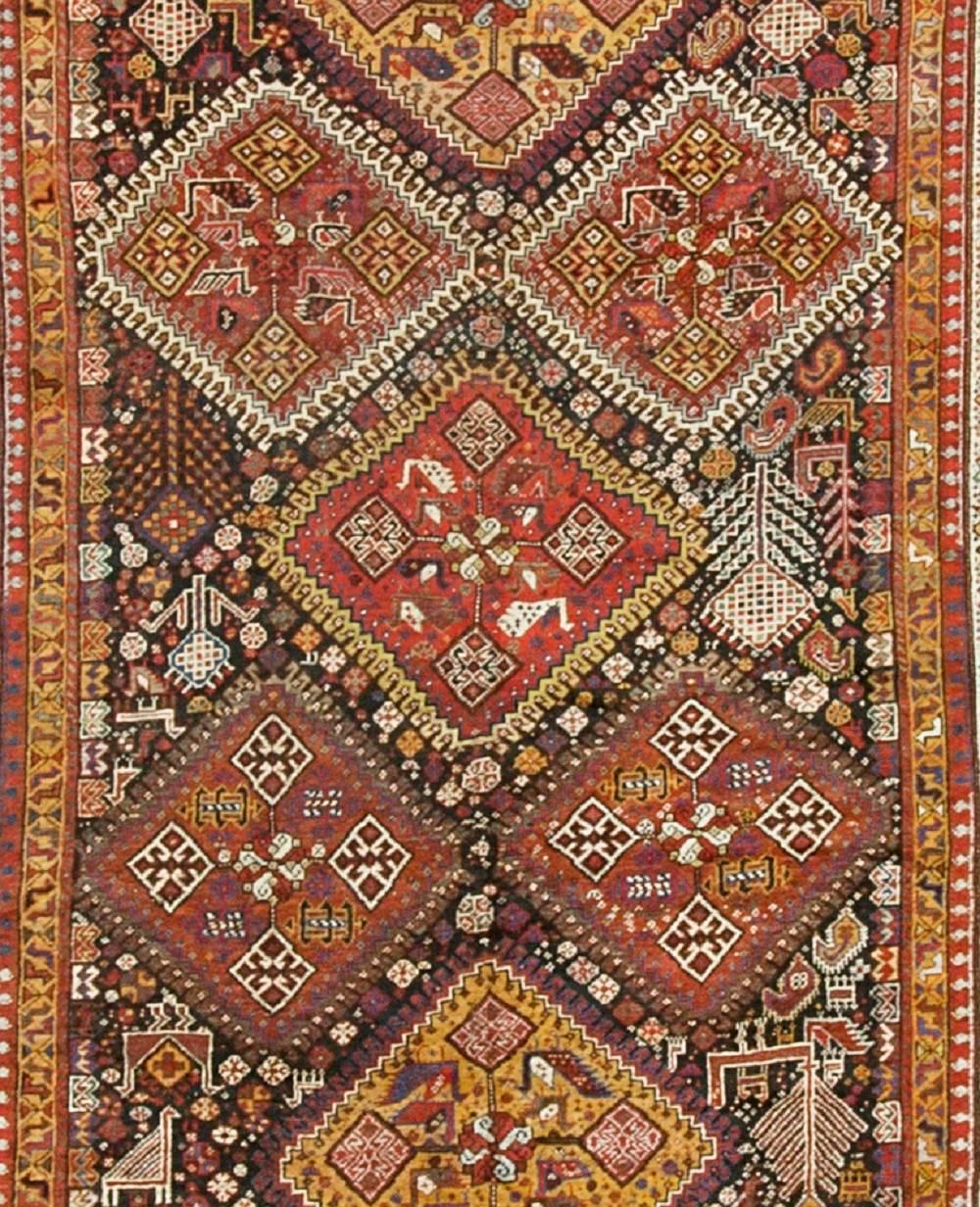 This vintage Qashqai is exceptional for a number of reason, the first being its size, hard to find especially in an antique or vintage piece. The beauty of the central field, filled with a vast selection of patterns and colors, is complimented so