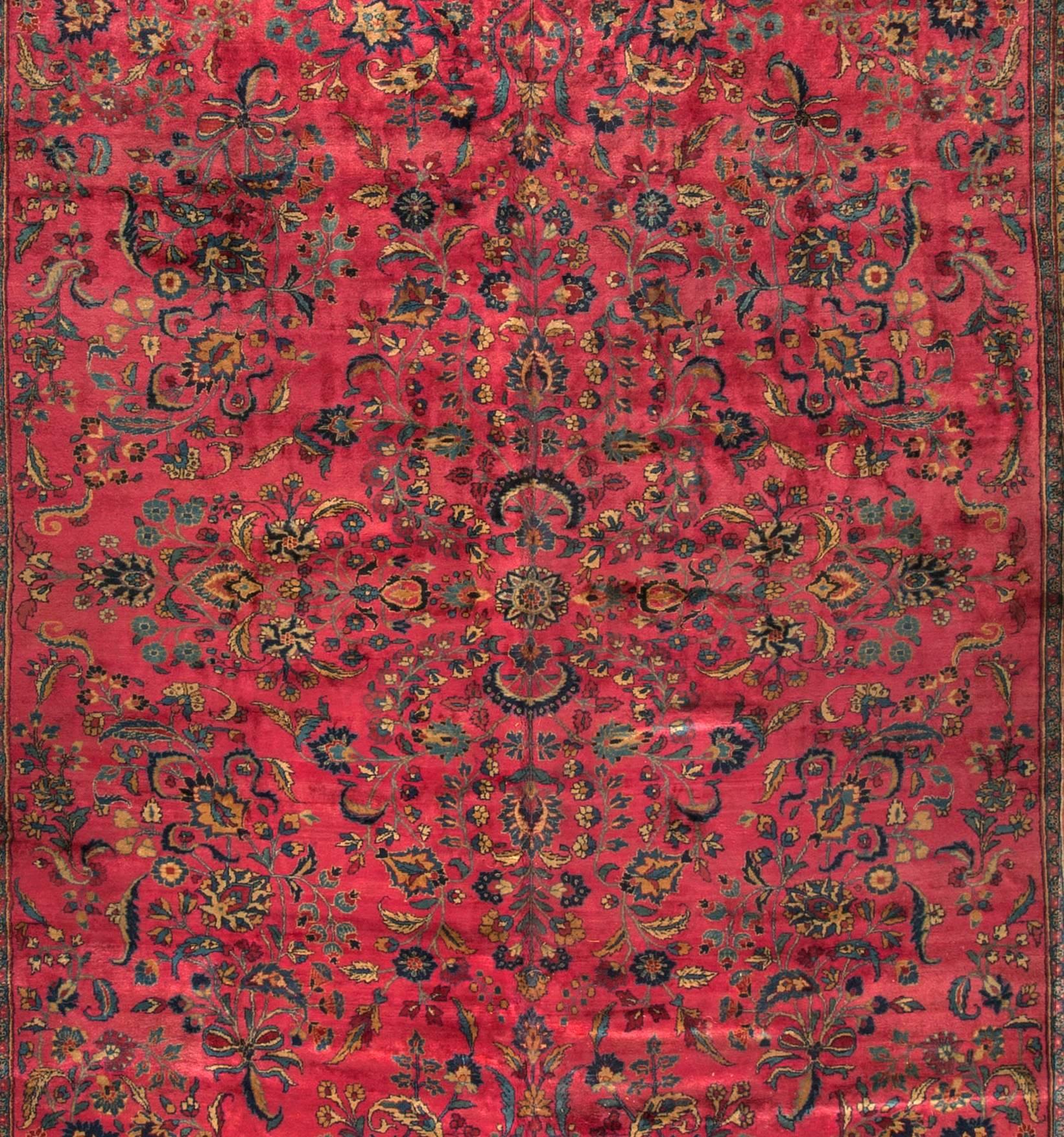 Oversize Persian Meshad Rug Carpet Circa 1900. This is a special piece, the size and color combination give the rug a uniqueness, that placed in a room setting will create a powerful statement.  Size 14'8 x 28'10