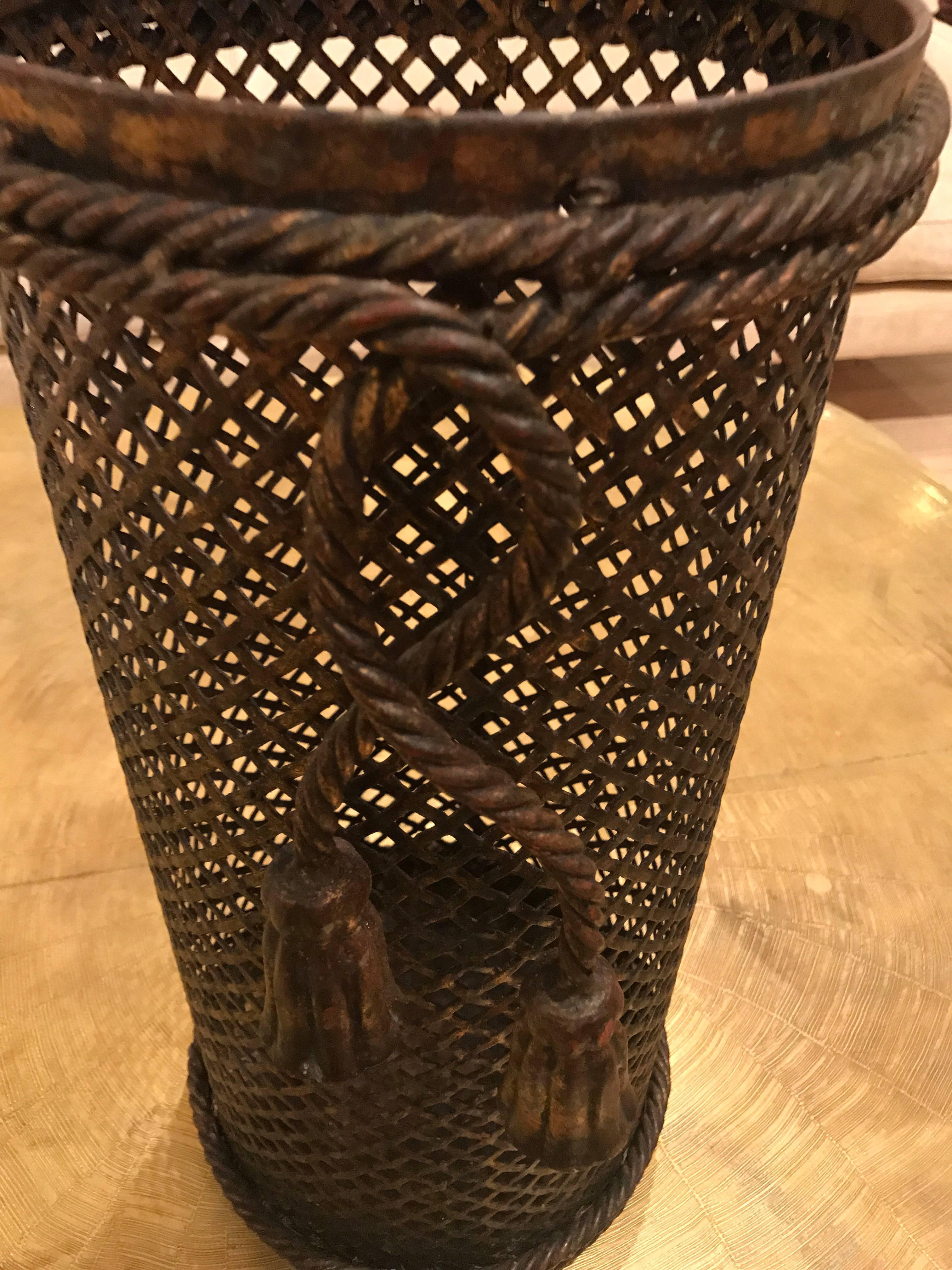 Mid-Century Modern Italian Gilt Iron Twisted Rope Metal Waste Basket and Magazine Book File Holder For Sale