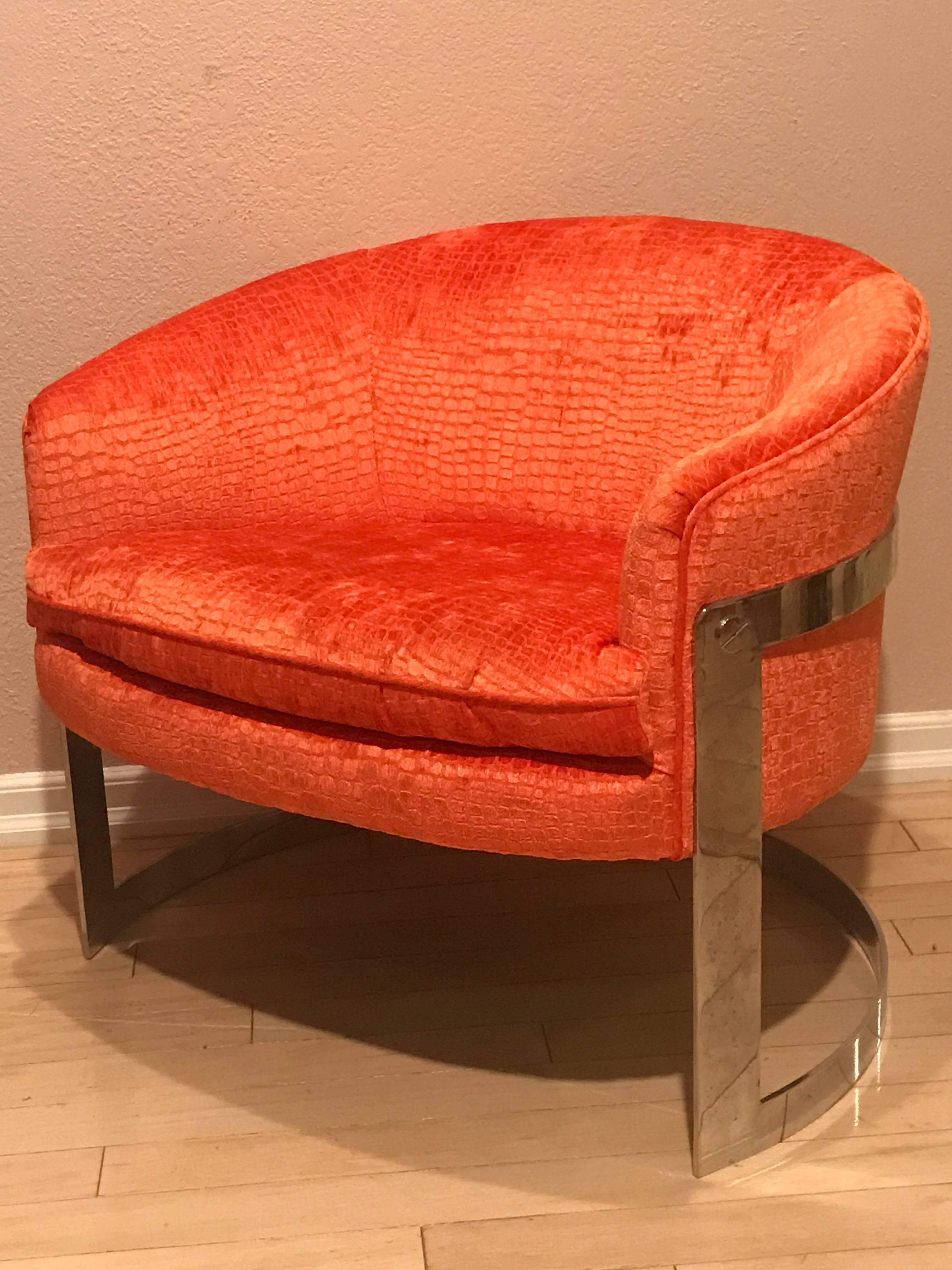 Pair of Exquisite Milo Baughman Chrome Side Chairs in Faux Coral Alligator 2