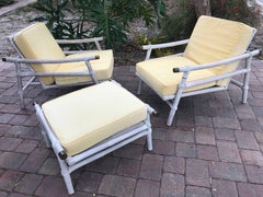 Restored White Wash Ficks Reed Pair Lounge Chairs with Ottoman Stool