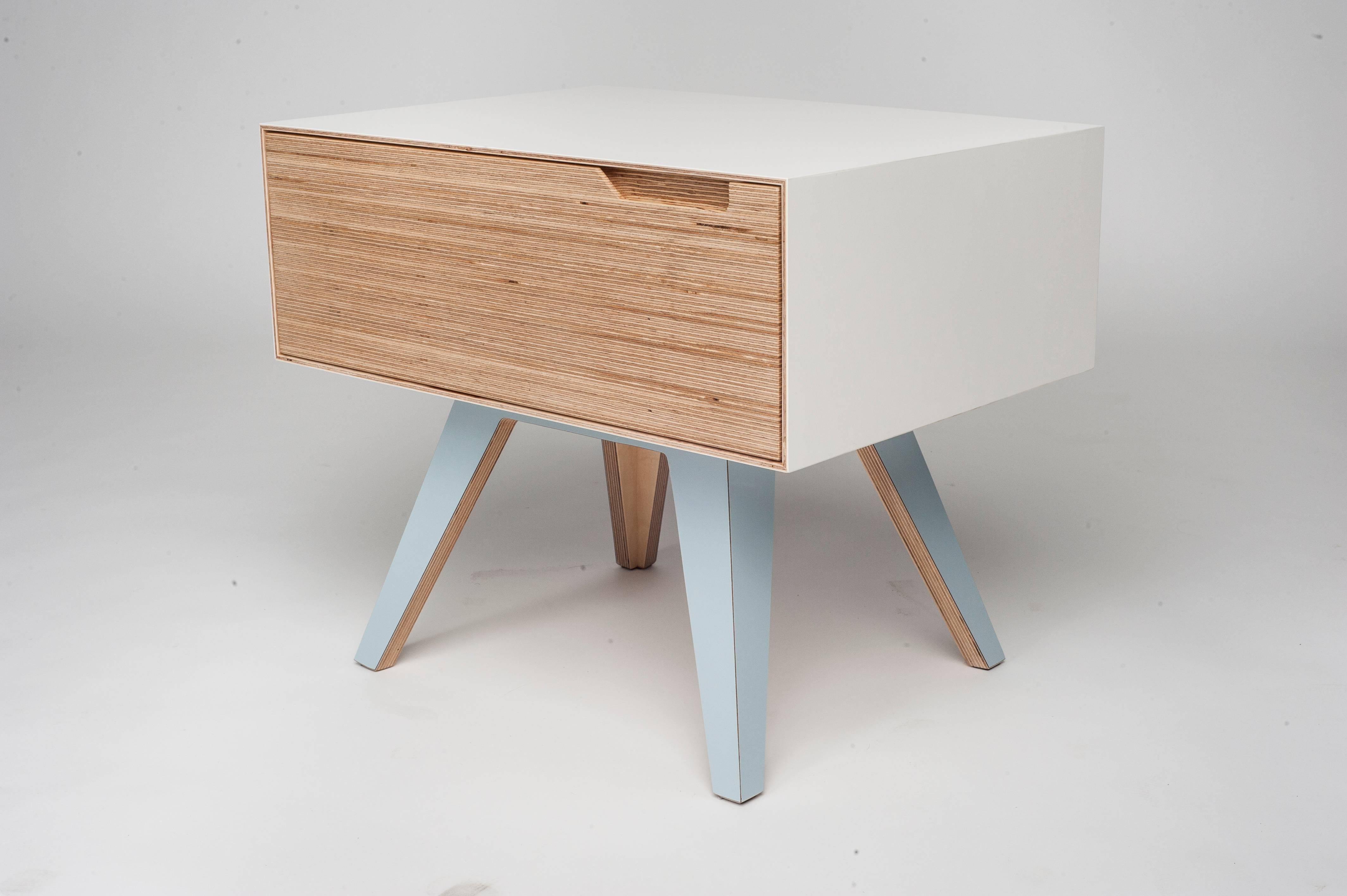 The Erbert nightstand is hand crafted and features a birch plywood end grain drawer front.
This piece is made to order so colored finishes and dimensions can be altered.