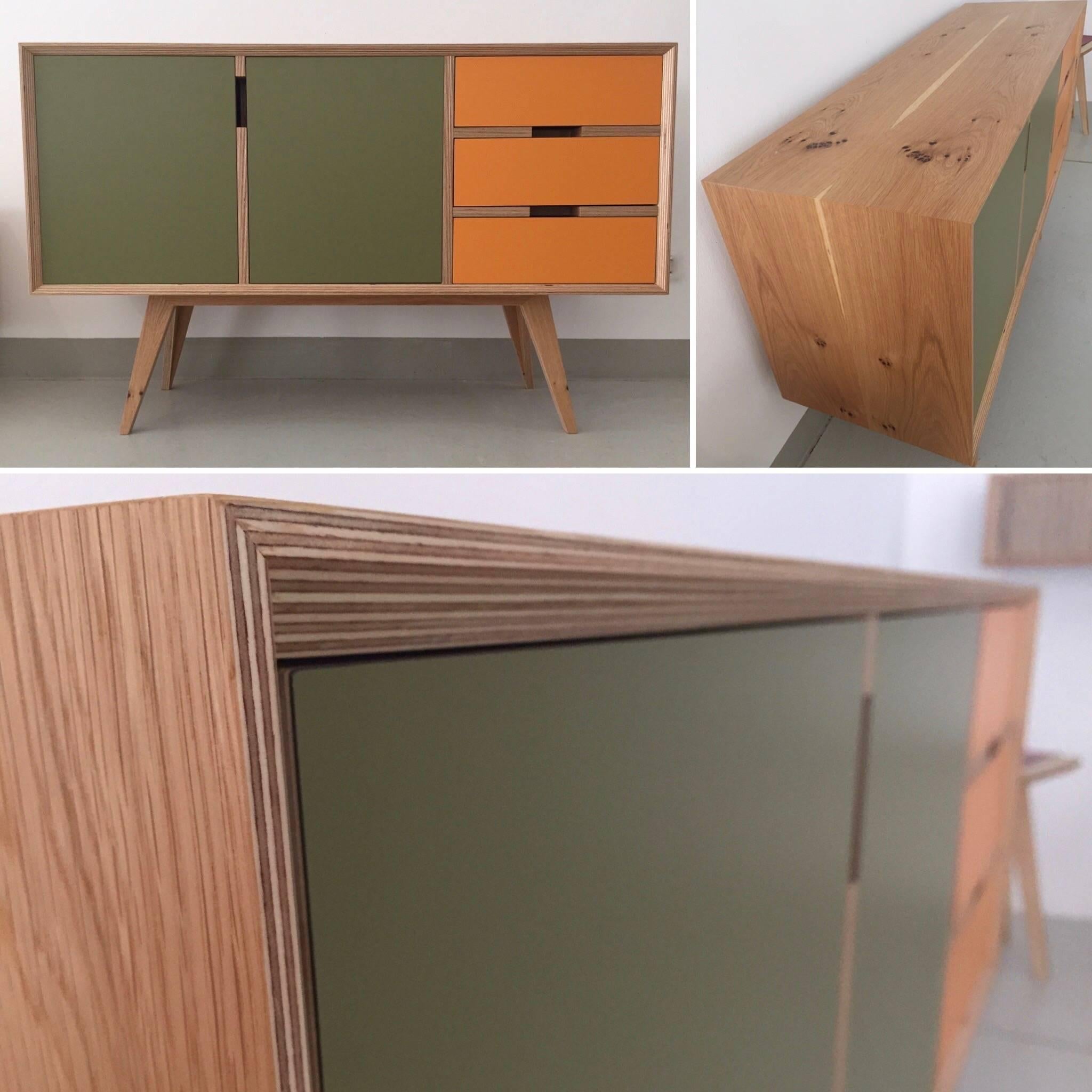 Mid-Century Modern Otto Sideboard, hand veneered plywood in European oak/orange and green. For Sale
