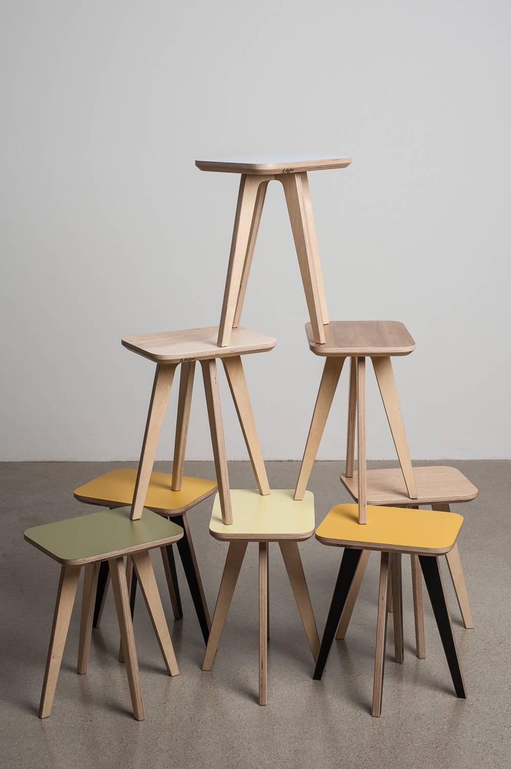 Mid-Century Modern Hoscha Stool, hand veneered plywood stool, designed and made by Lee Matthews For Sale