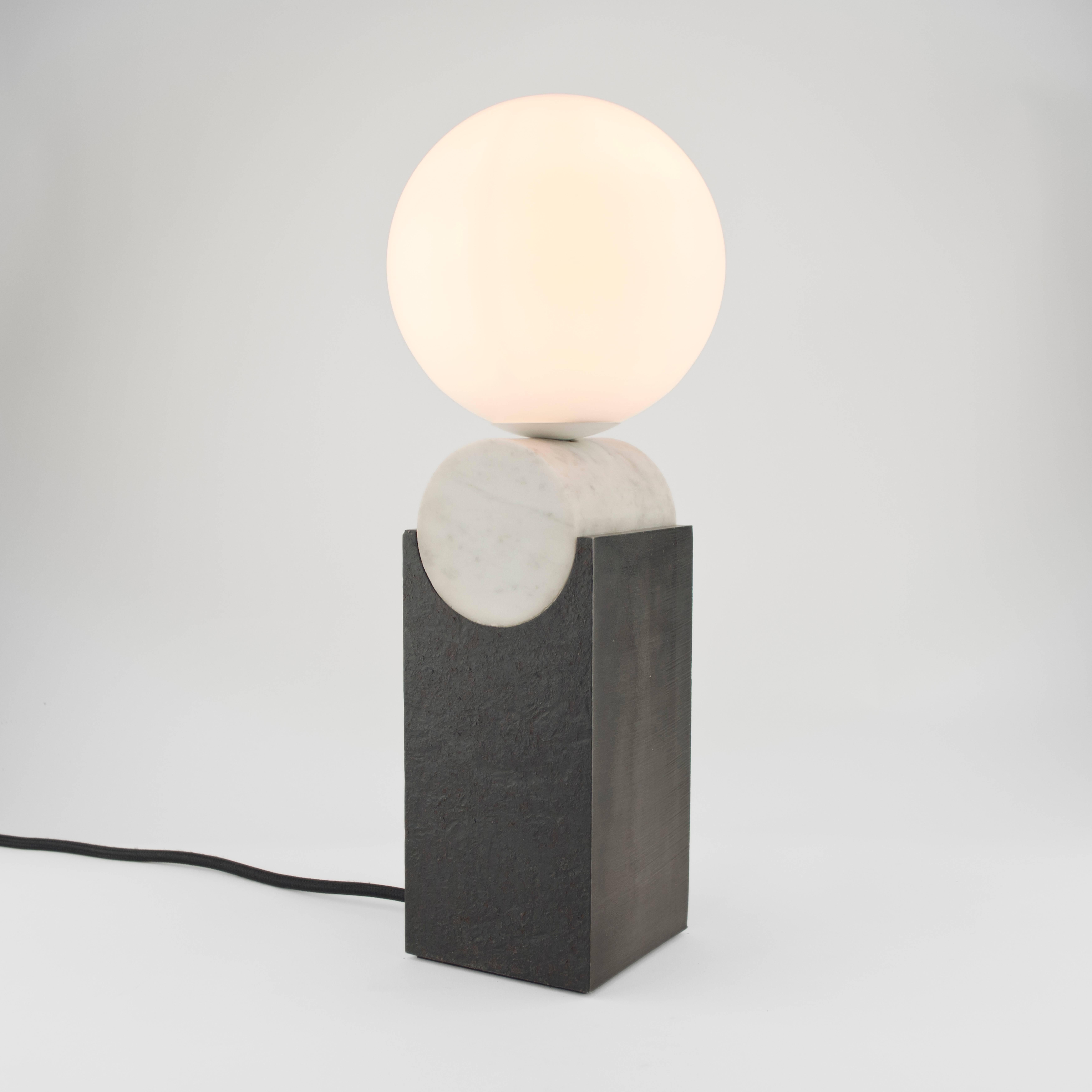 English Contemporary Monument Table Lamp Circle in Carrara Marble, Solid Steel and Glass