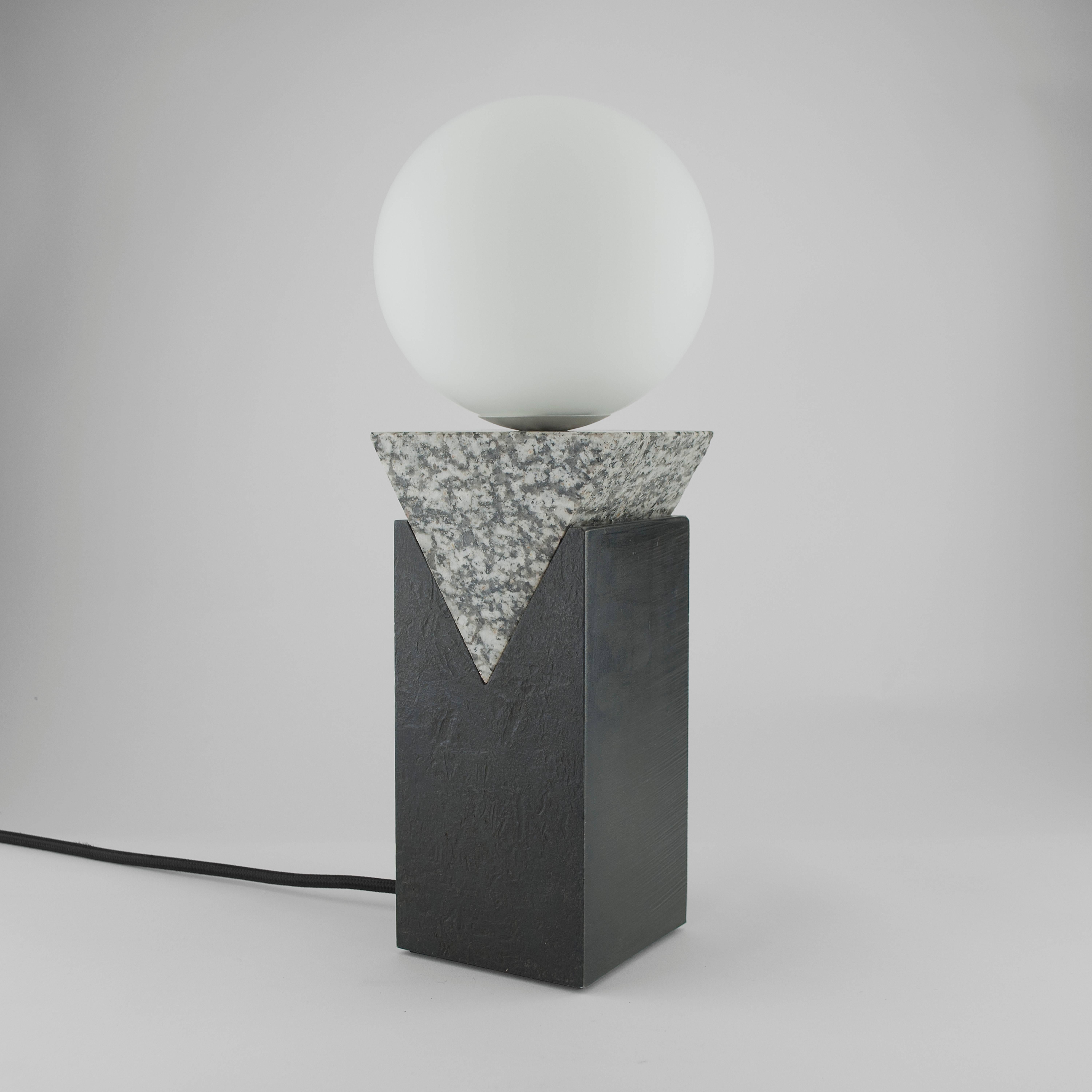 Modern Contemporary Monument Table Lamp - Triangle in Granite, Solid Steel and Glass For Sale