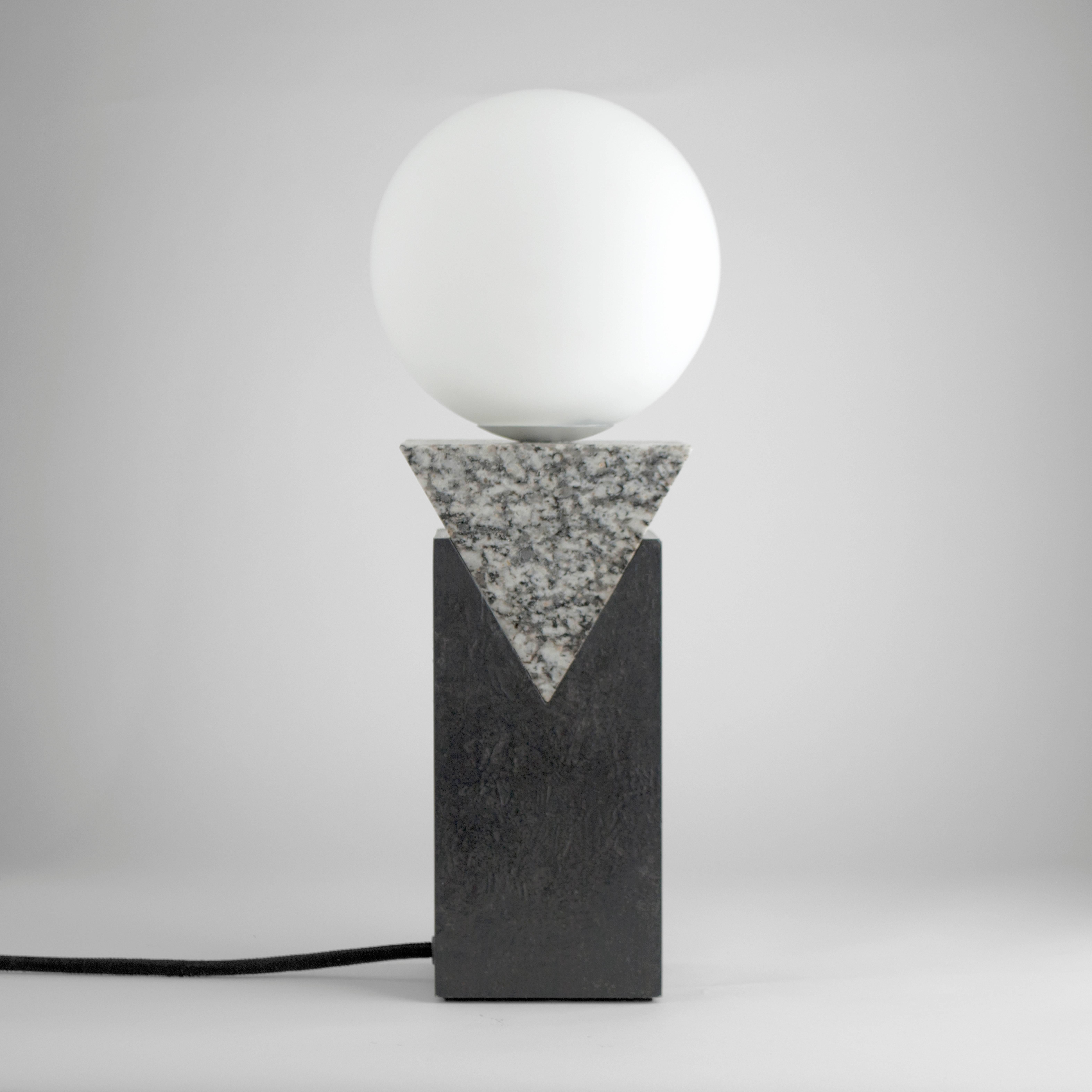 English Contemporary Monument Table Lamp - Triangle in Granite, Solid Steel and Glass For Sale
