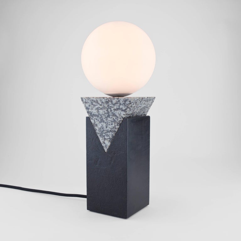 English Contemporary Monument Table Lamp - Triangle in Granite, Solid Steel and Glass For Sale