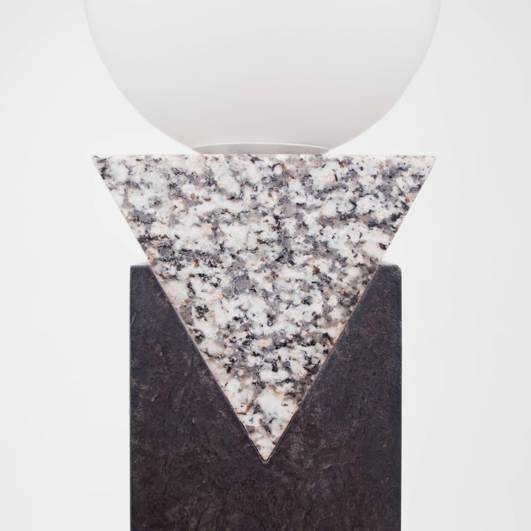 Frosted Contemporary Monument Table Lamp - Triangle in Granite, Solid Steel and Glass For Sale