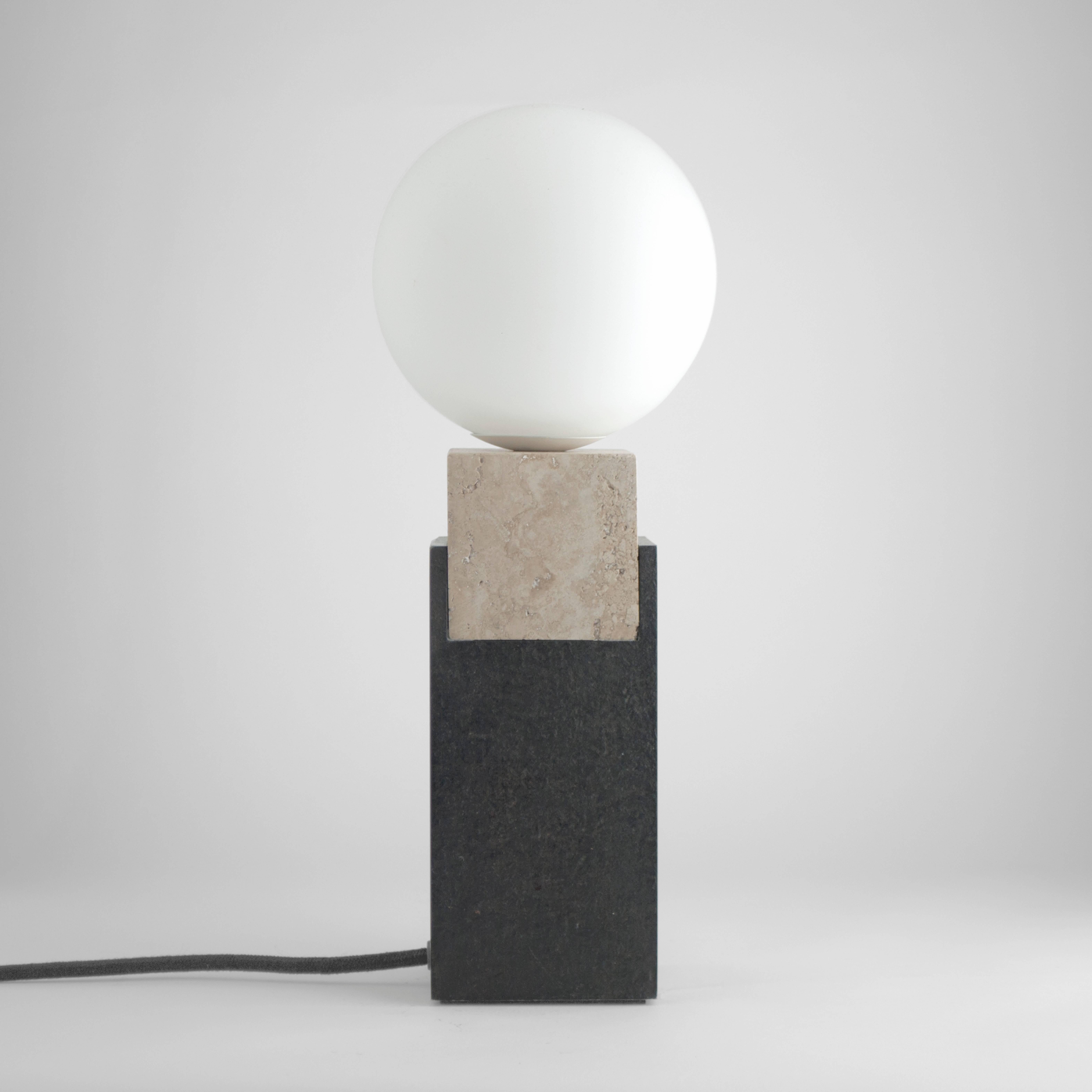 Modern Contemporary Monument Lamp Square in Travertine, Solid Steel and Glass