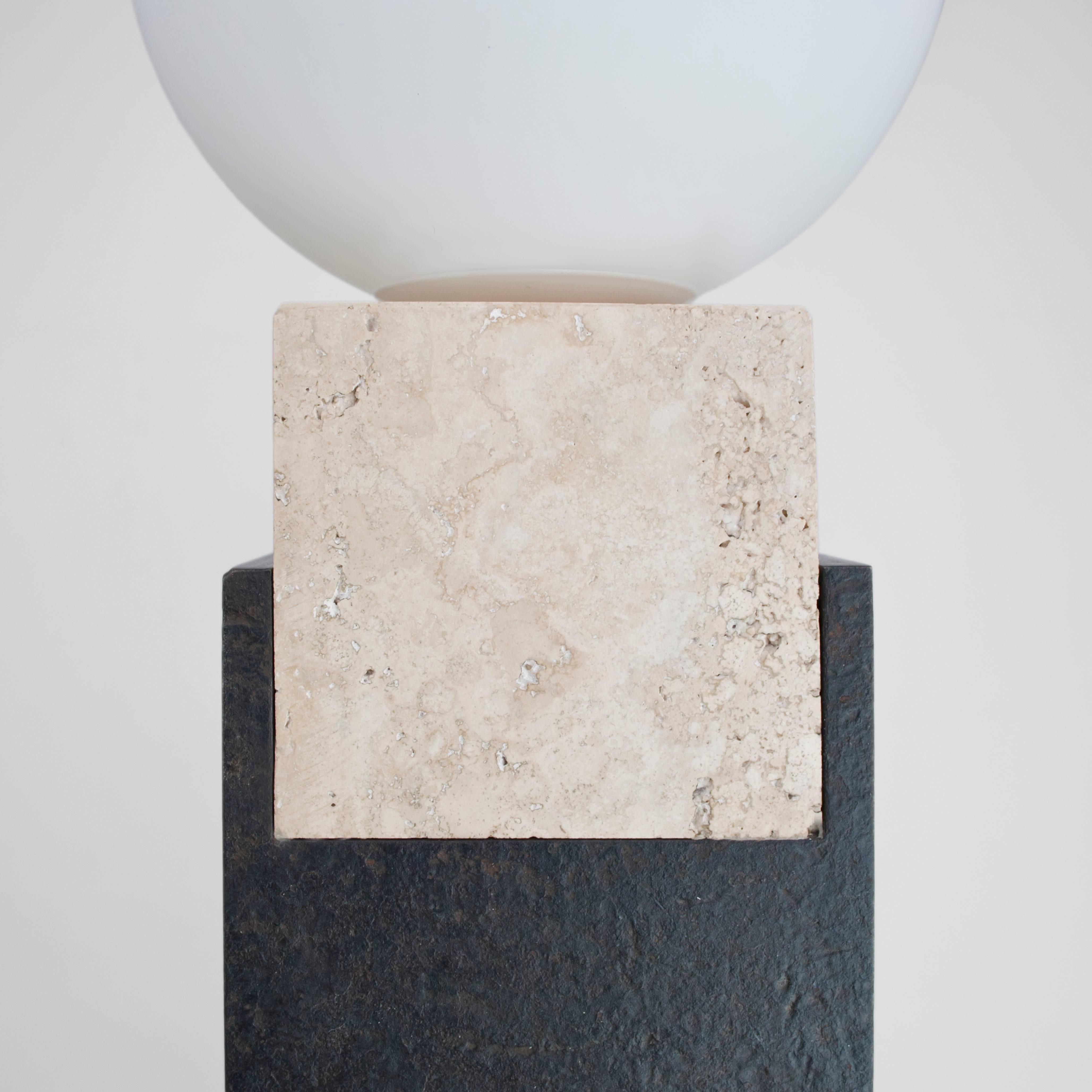 Frosted Contemporary Monument Lamp Square in Travertine, Solid Steel and Glass