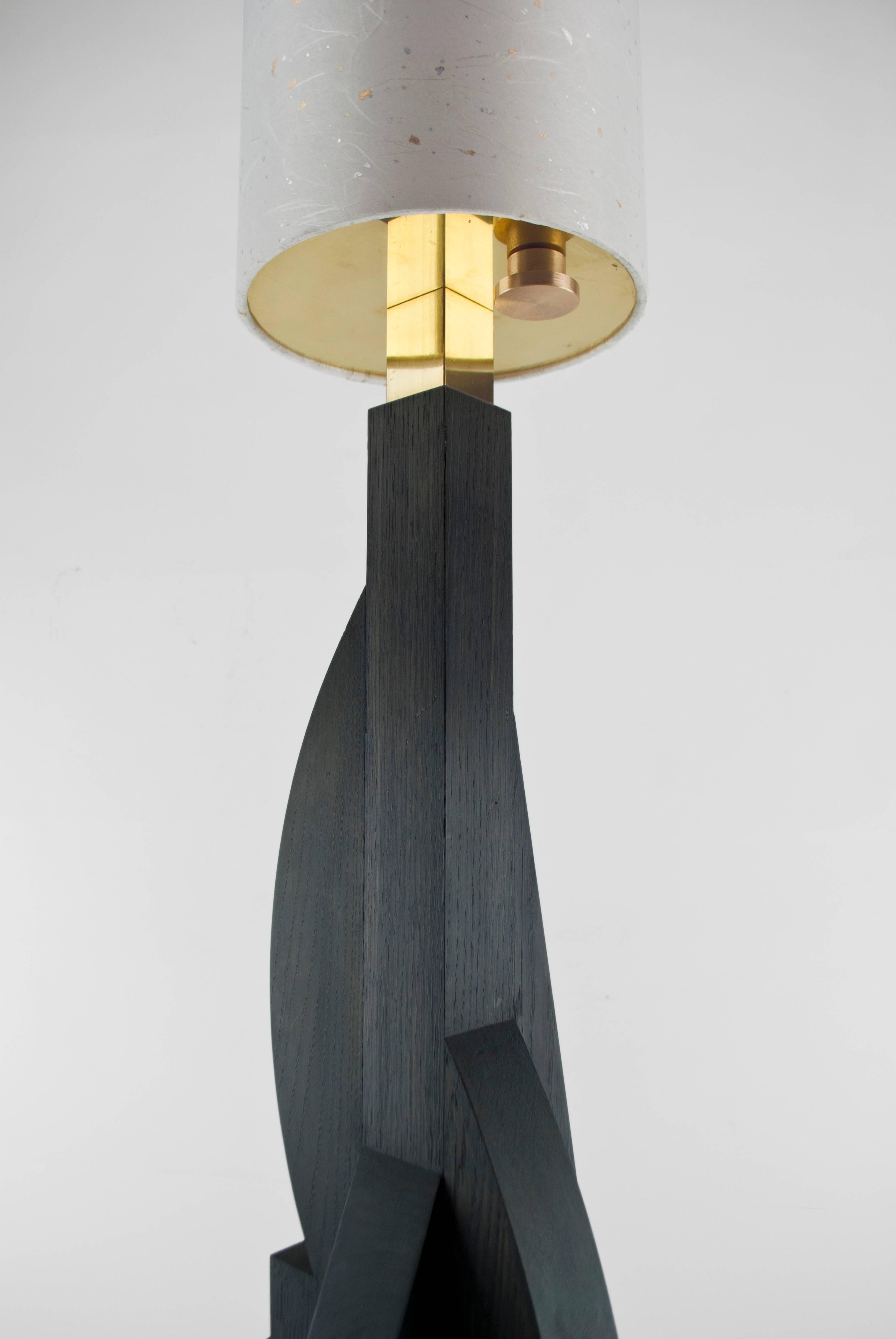 Brass Contemporary Tower Floor Lamp with Geometric Oak Base and Japanese Paper Shade