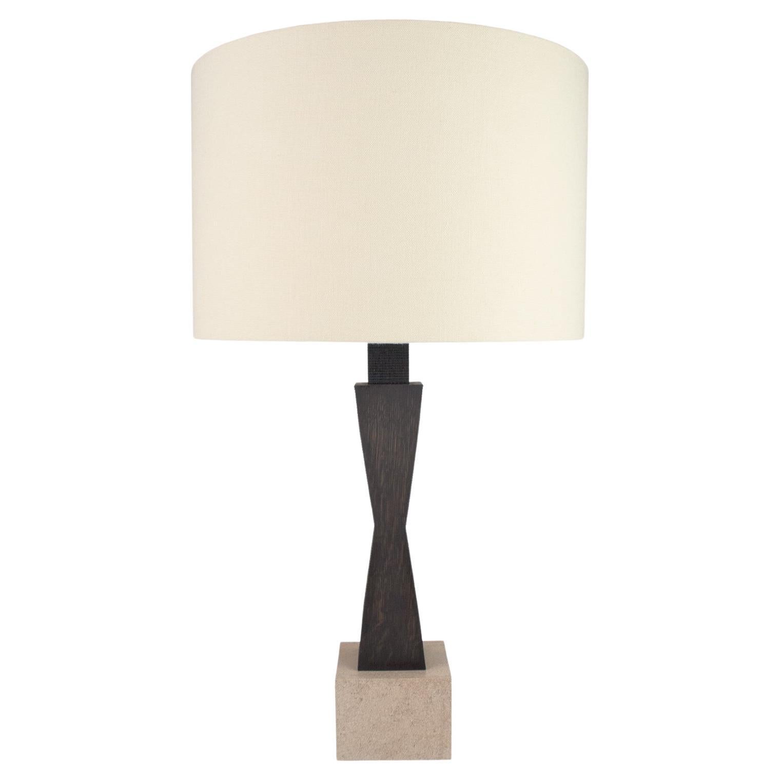 Contemporary Ridge Lamp with Geometric Oak Base and linen Shade For Sale