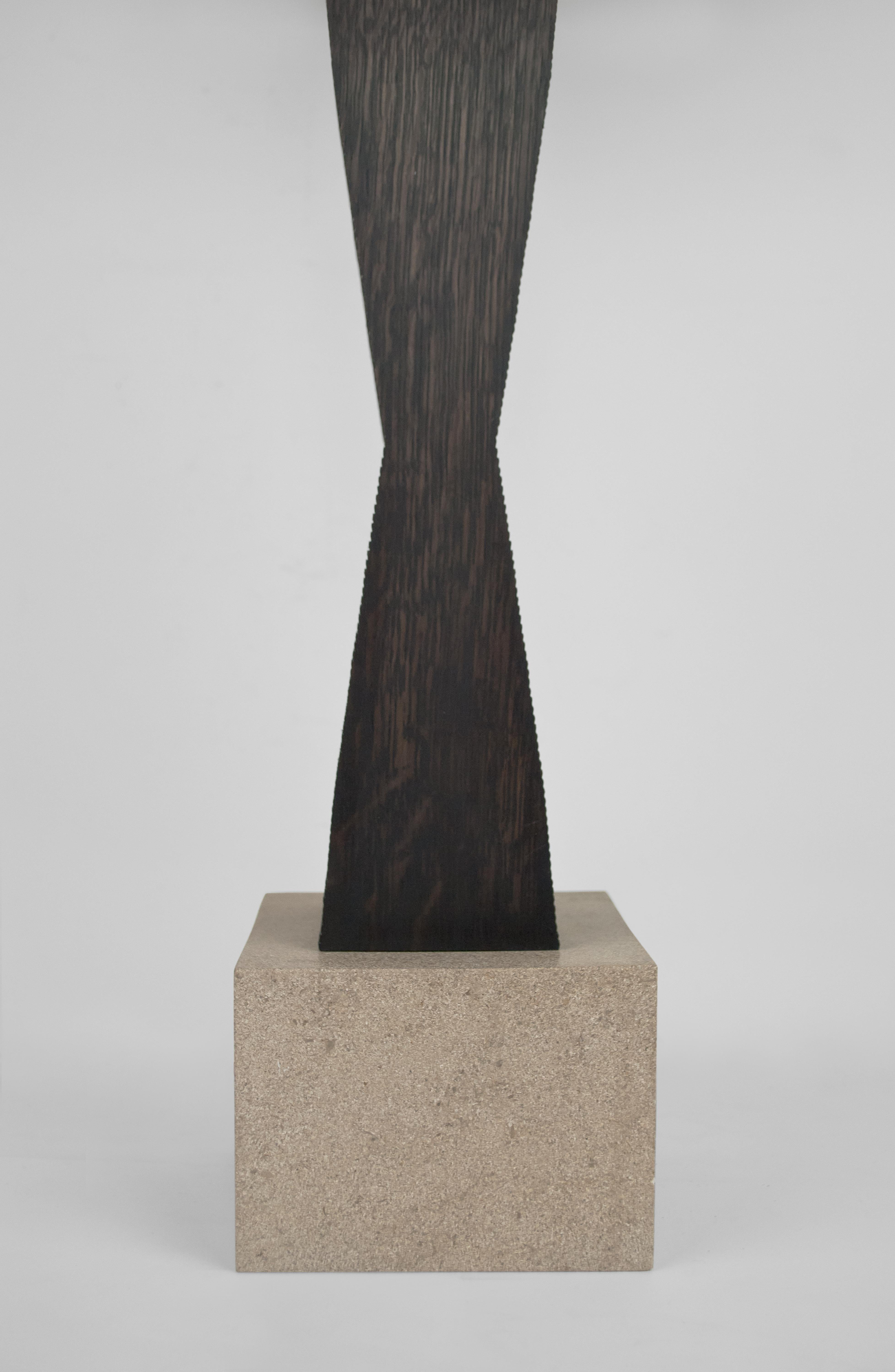 Mid-Century Modern Contemporary Ridge Table Lamp - Geometric Oak & Limestone base with Linen Shade For Sale