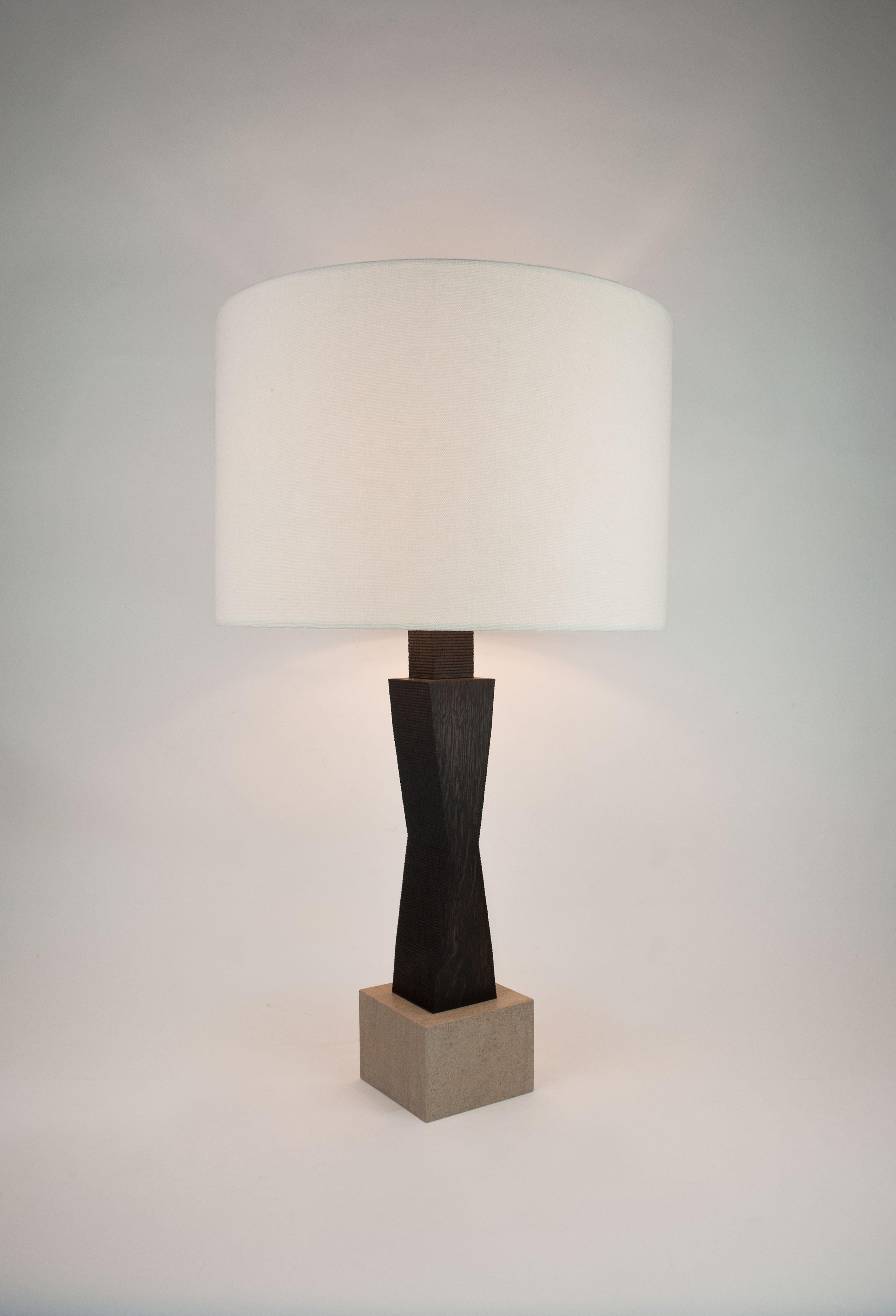 Contemporary Ridge Table Lamp - Geometric Oak & Limestone base with Linen Shade For Sale 1